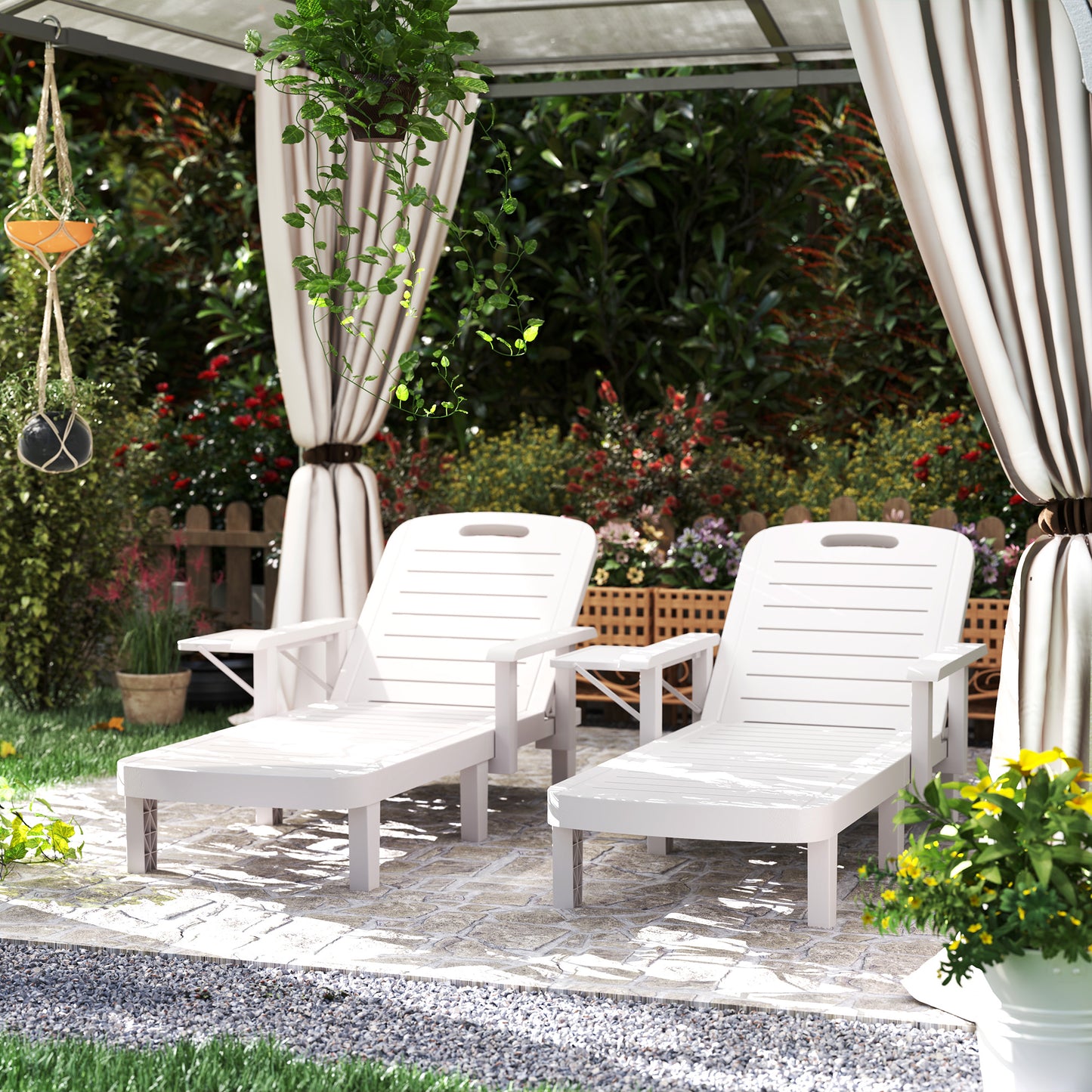 Outsunny Set Of 2 Resin Sun Loungers For Garden With Wood Grain Surface Armrests And Foldable Side Table White