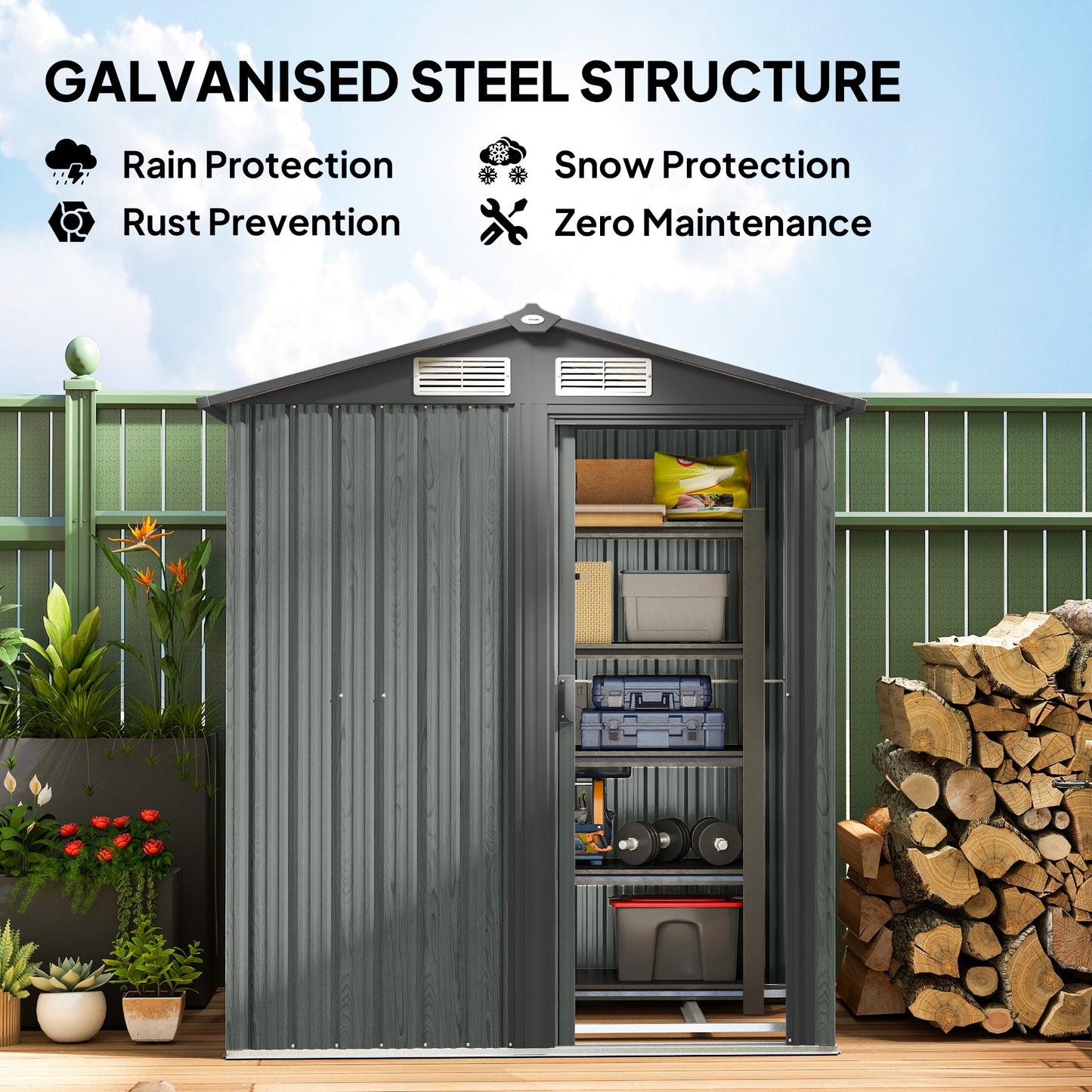 Outsunny Galvanised 4.3 x 5ft Outdoor Garden Storage Shed Grey Wood Effect Sheltered Roof With Ventilation