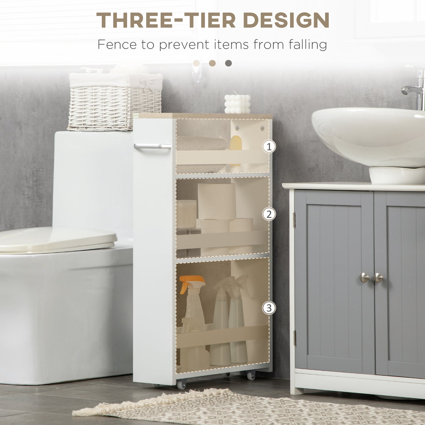 Kleankin 4 Tier Storage Cart On Wheels And Handle White Compact Bathroom Trolley 48W x 15D x 80H cm