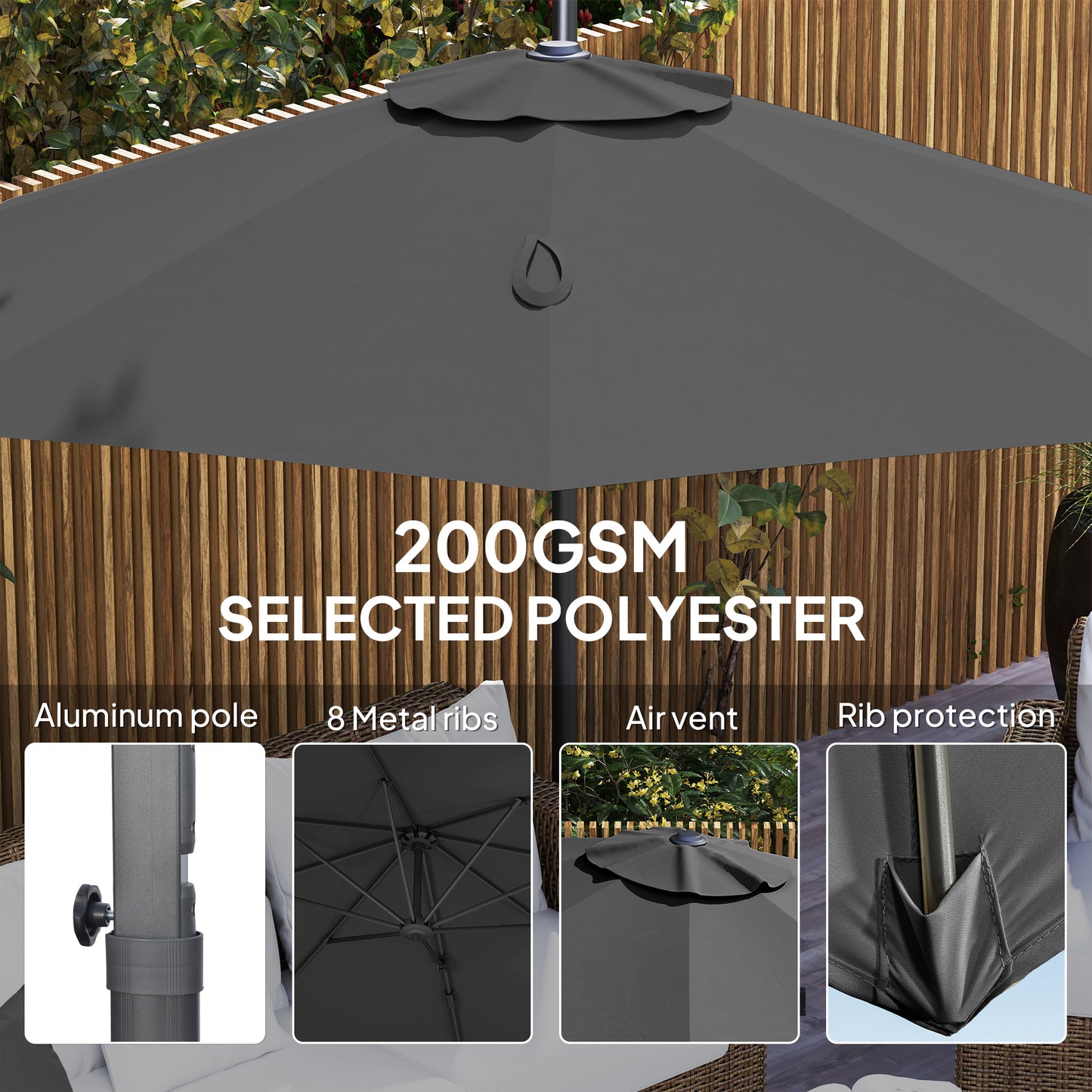 Outsunny 3x3m Overhanging Cantilever Parasol Black With Aluminium Frame 360 Degree Sideways Tilt And Multi Angle Canopy