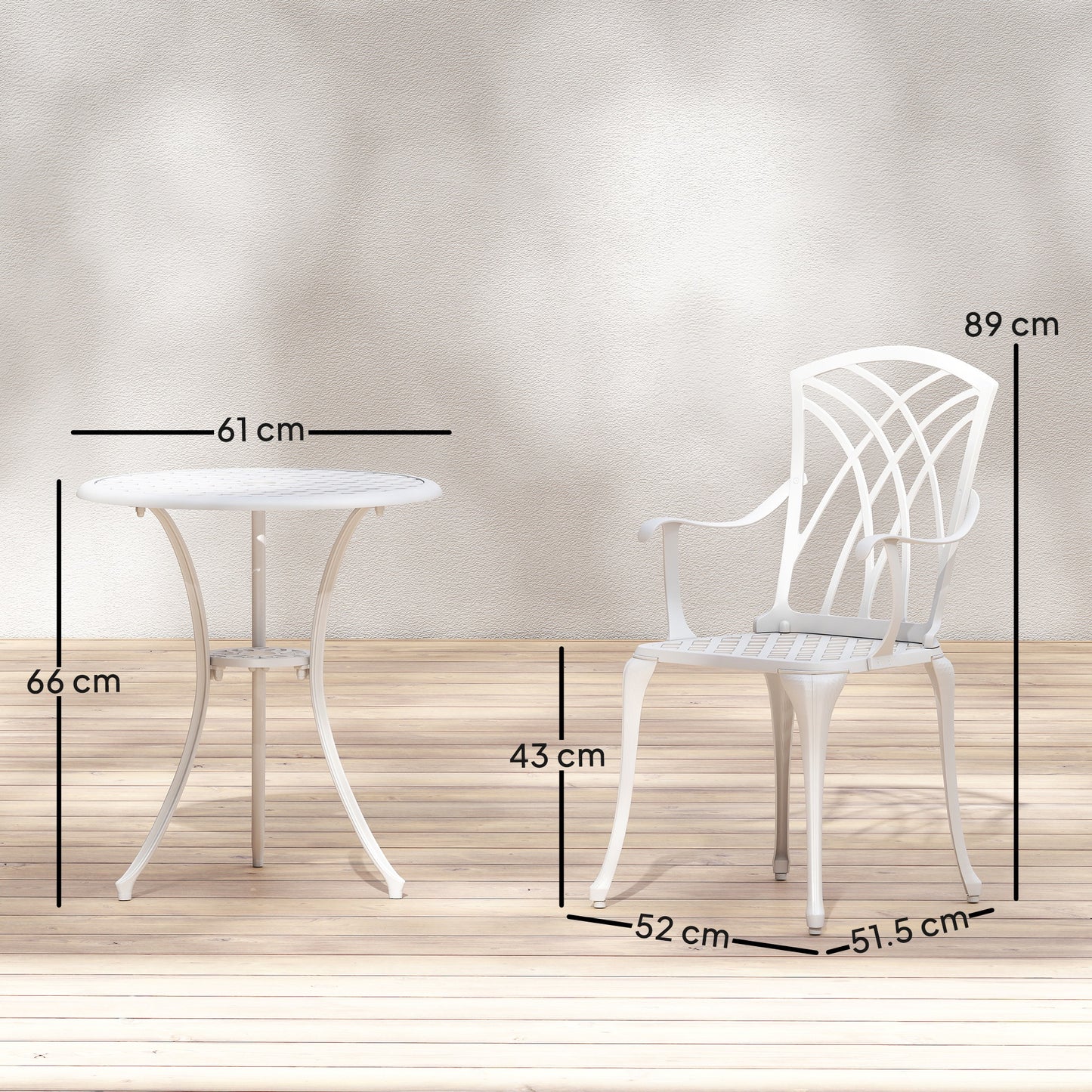 Outsunny 3 Piece Garden Bistro Set Cast Aluminium Outdoor Dining Set With 2 Chairs And Round Table Parasol Hole White