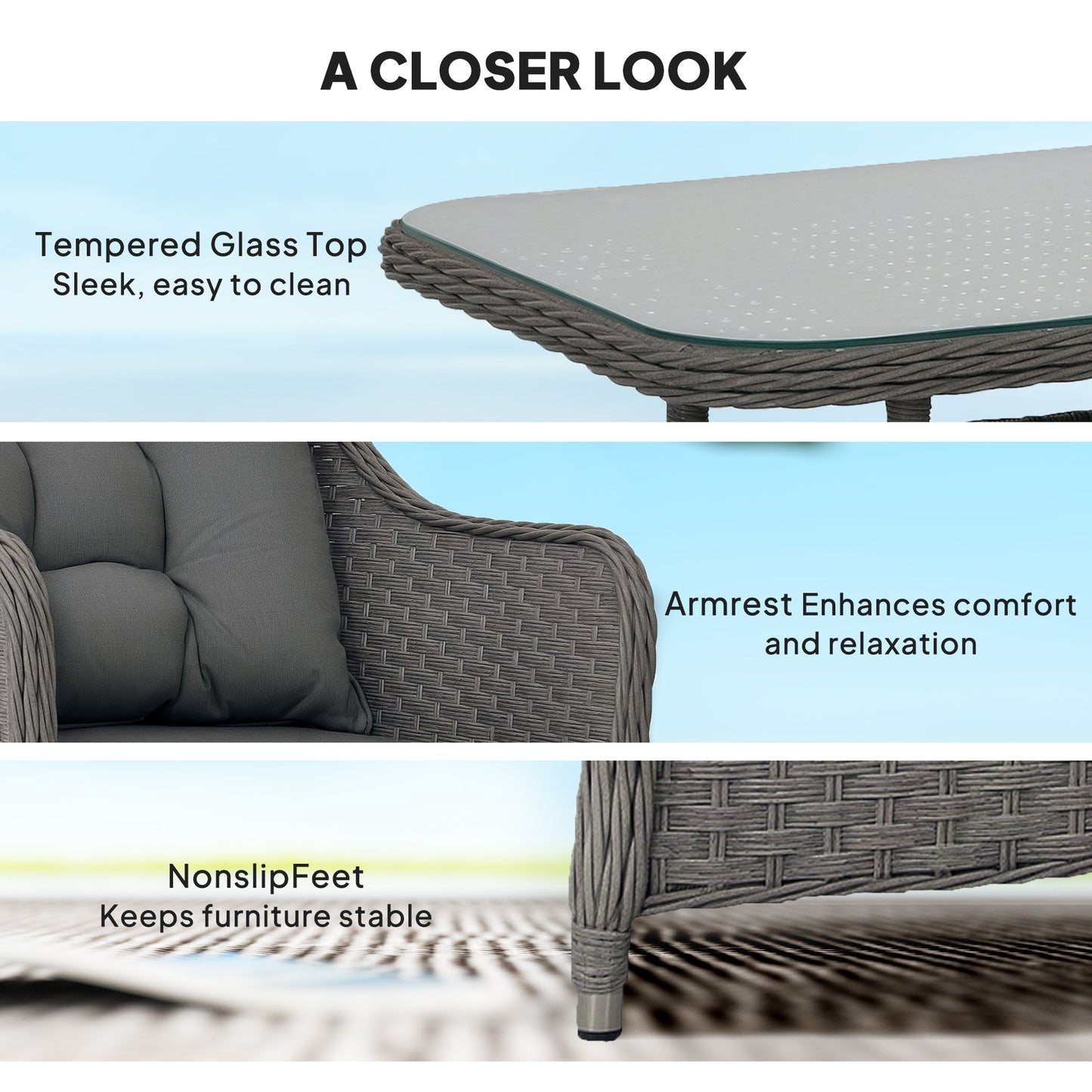 Outsunny Four Piece Rattan Outdoor Furniture Set With Glass Top Table For Patio Light Grey