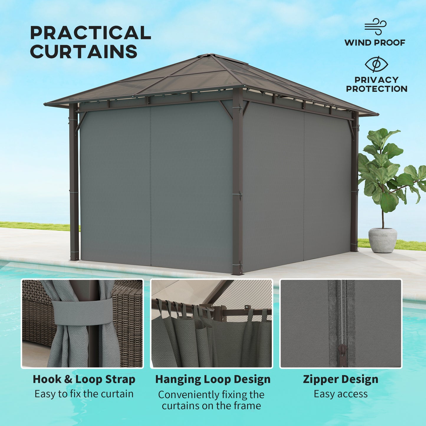 Outsunny 3x3.6m Hardtop Gazebo With Polycarbonate Roof Garden Pavilion Removable Curtains Steel Frame Dark Grey