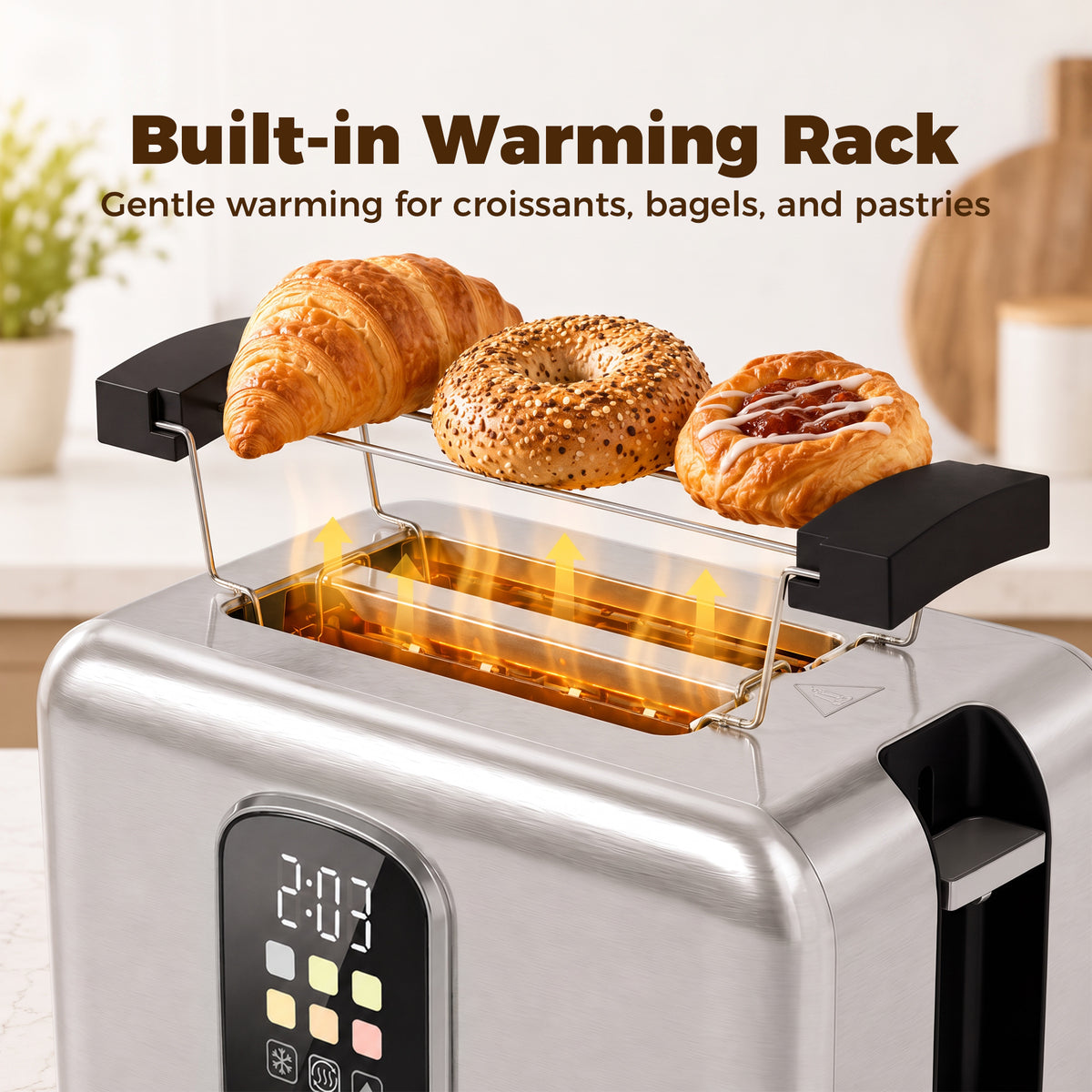 Stainless steel toaster with built-in warming rack inside the toasting chamber
