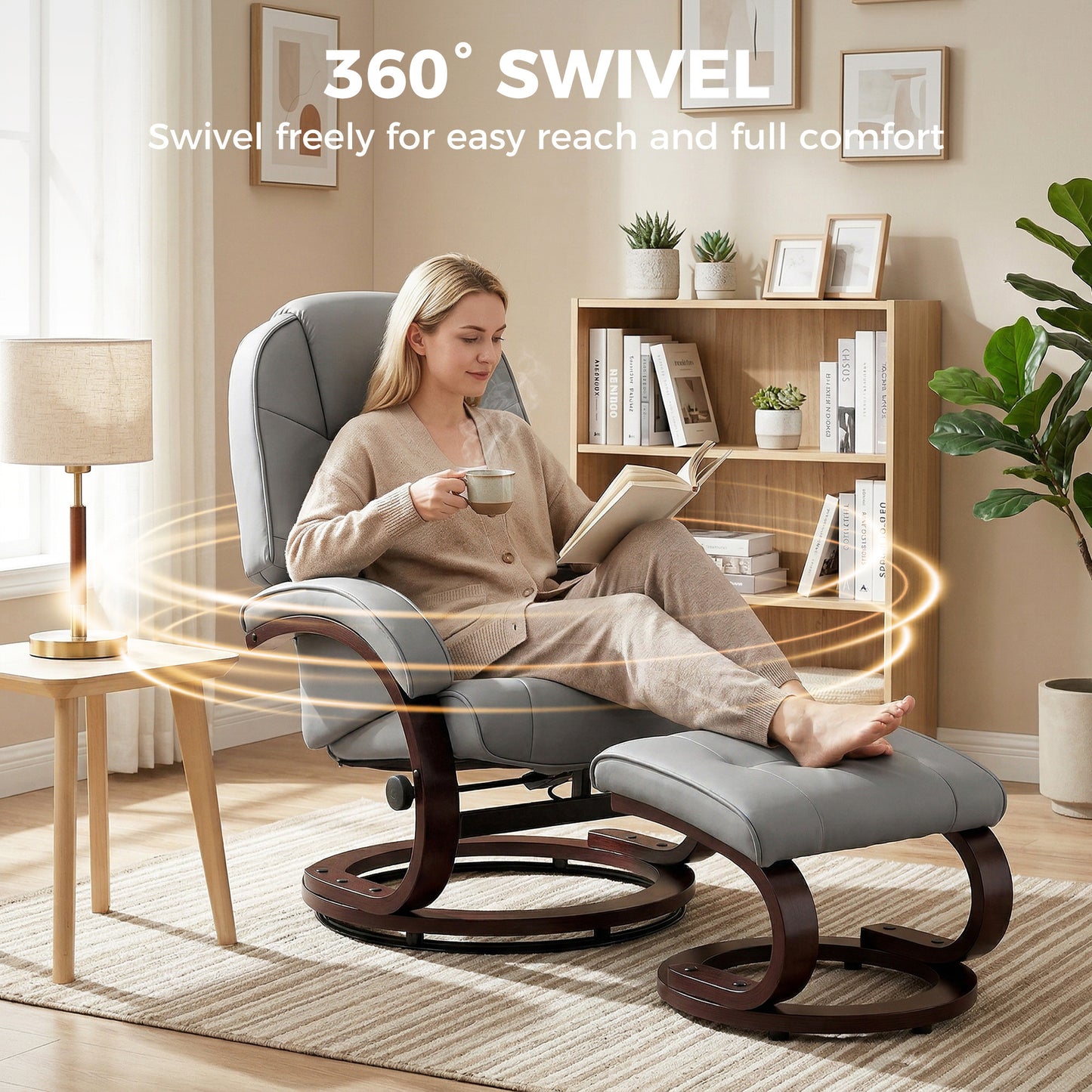 HOMCOM Swivel Recliner Chair With Footstool In PU Leather Adjustable Back Wood Frame Grey