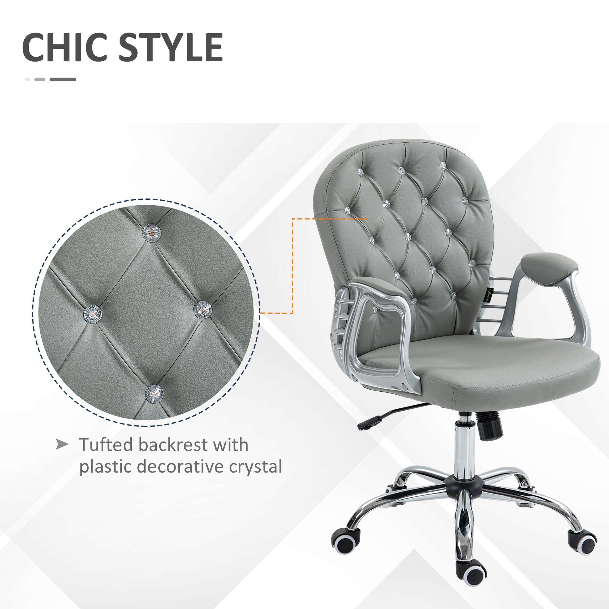 Vinsetto Glamorous Grey Ergonomic Office Chair with 360° Swivel and Diamante Detailing - ALL4U RETAILER LTD