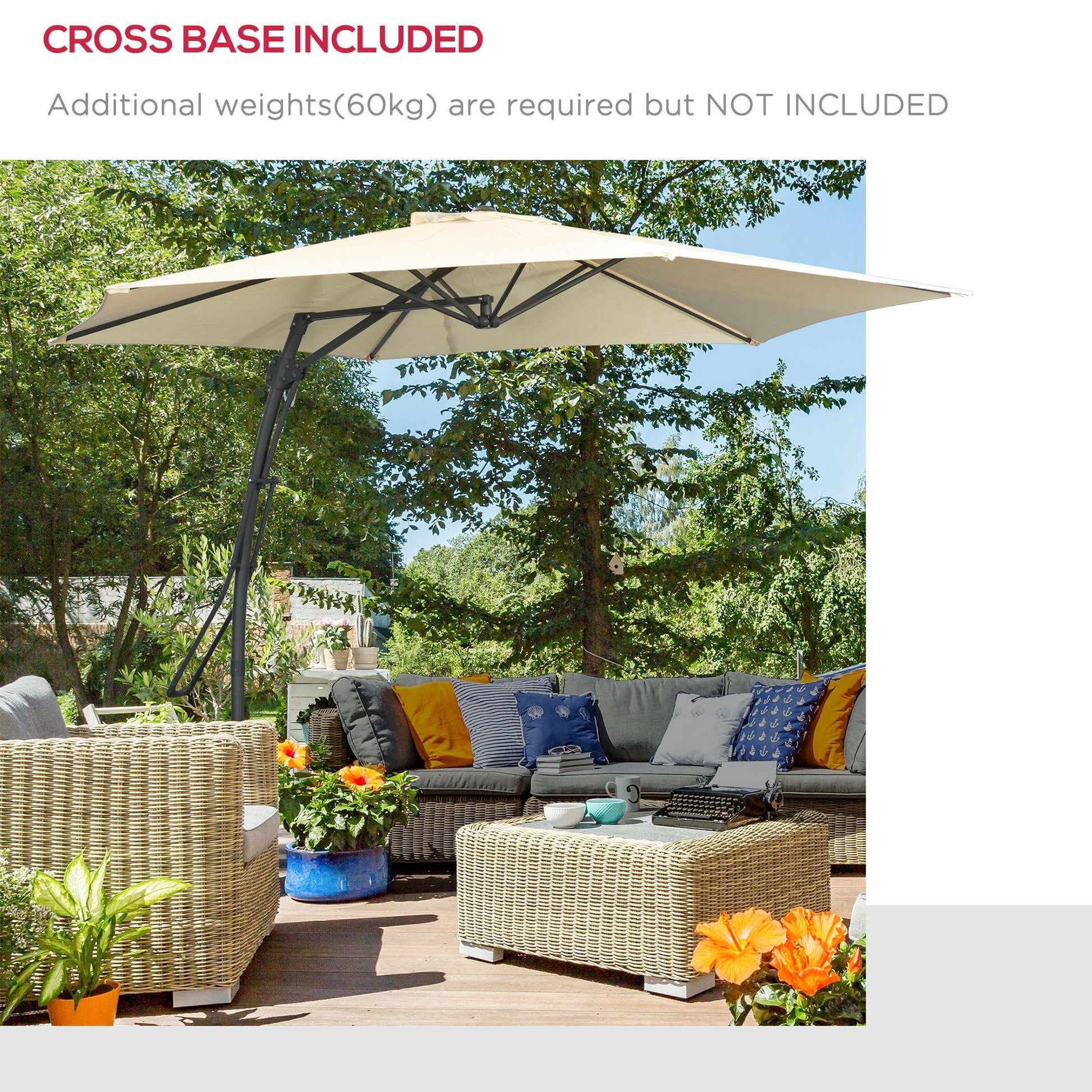 Outsunny 3m Cantilever Parasol, Patio Umbrella with Crank Handle, Cross Base - Cream White - ALL4U RETAILER LTD