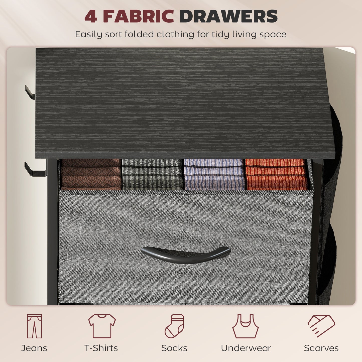 HOMCOM Four-Drawer Fabric Chest Of Drawers In Charcoal Grey With Steel X-Frame And Side Pockets