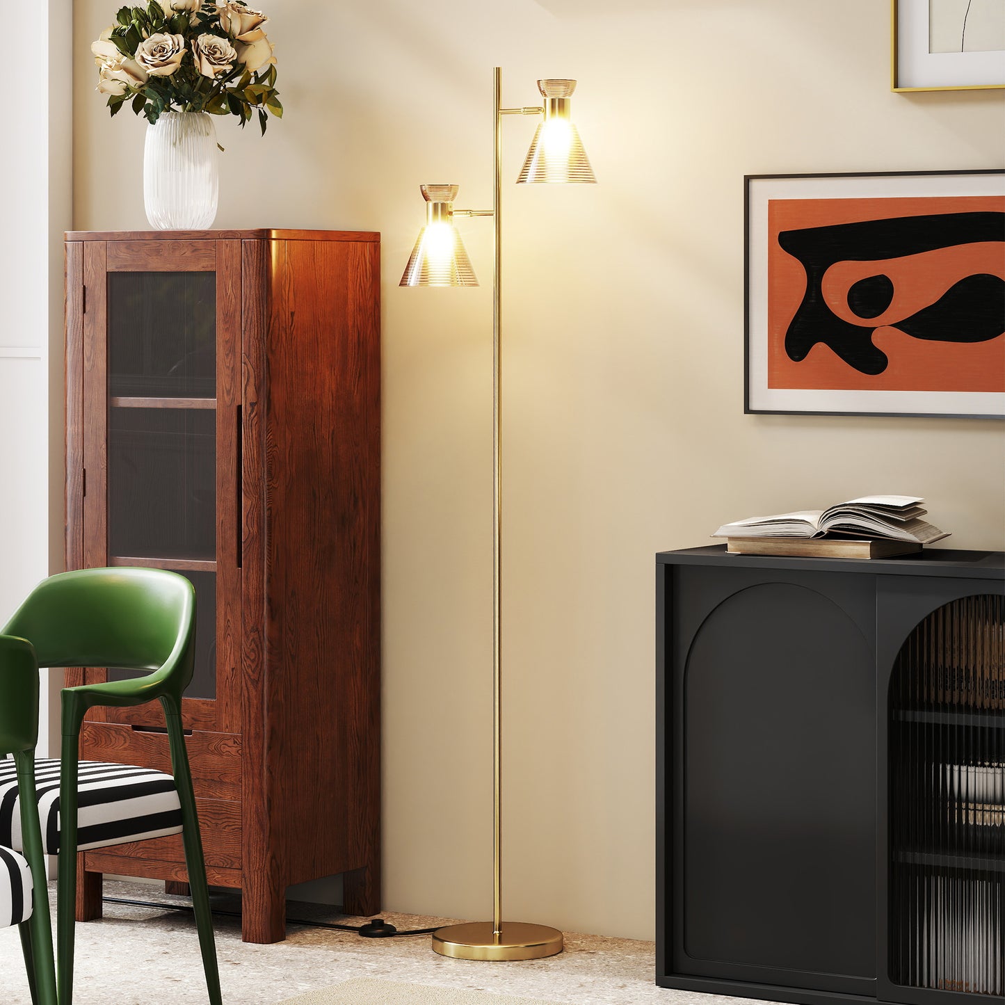 HOMCOM Adjustable Dual Head Floor Lamp With Floral Glass Shades Gold Tone E27 Socket Foot Switch Living Room Bedroom
