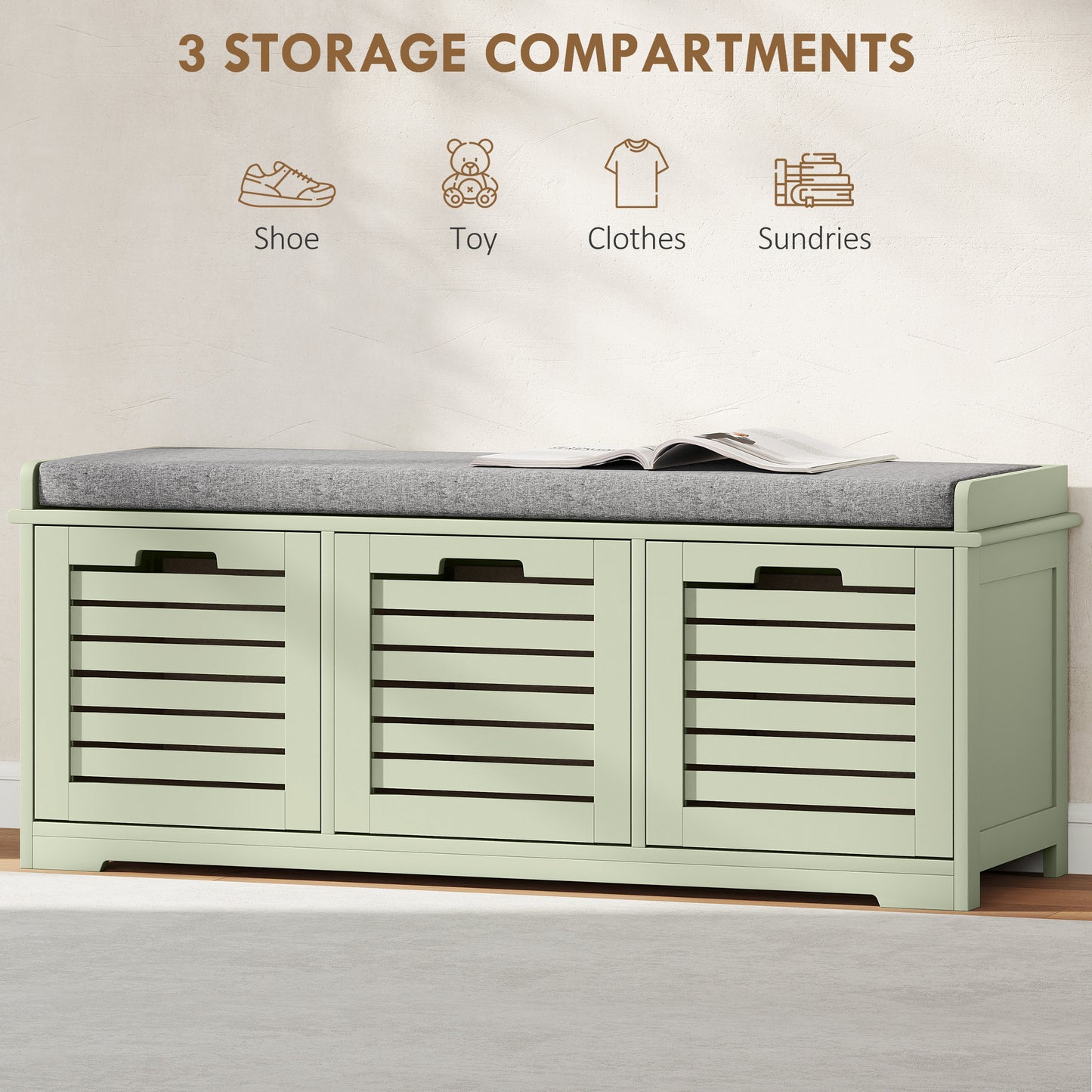 HOMCOM 3 Drawer Shoe Storage Bench With 160kg Capacity And 3 Fully Pull Out Drawers Green