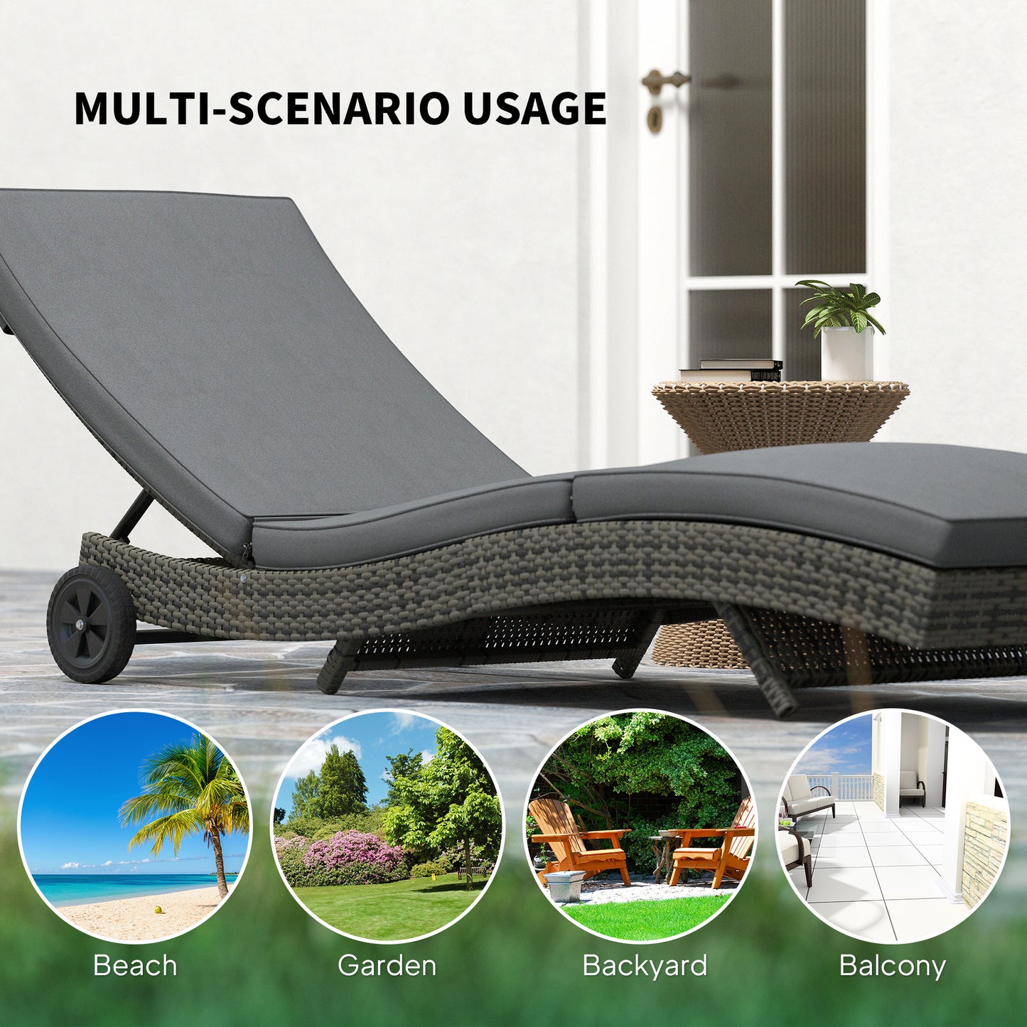 Outsunny Patio Wicker Chaise Lounge Chair Outdoor PE Rattan Sun Lounger With Adjustable Backrest And Wheels Dark Grey