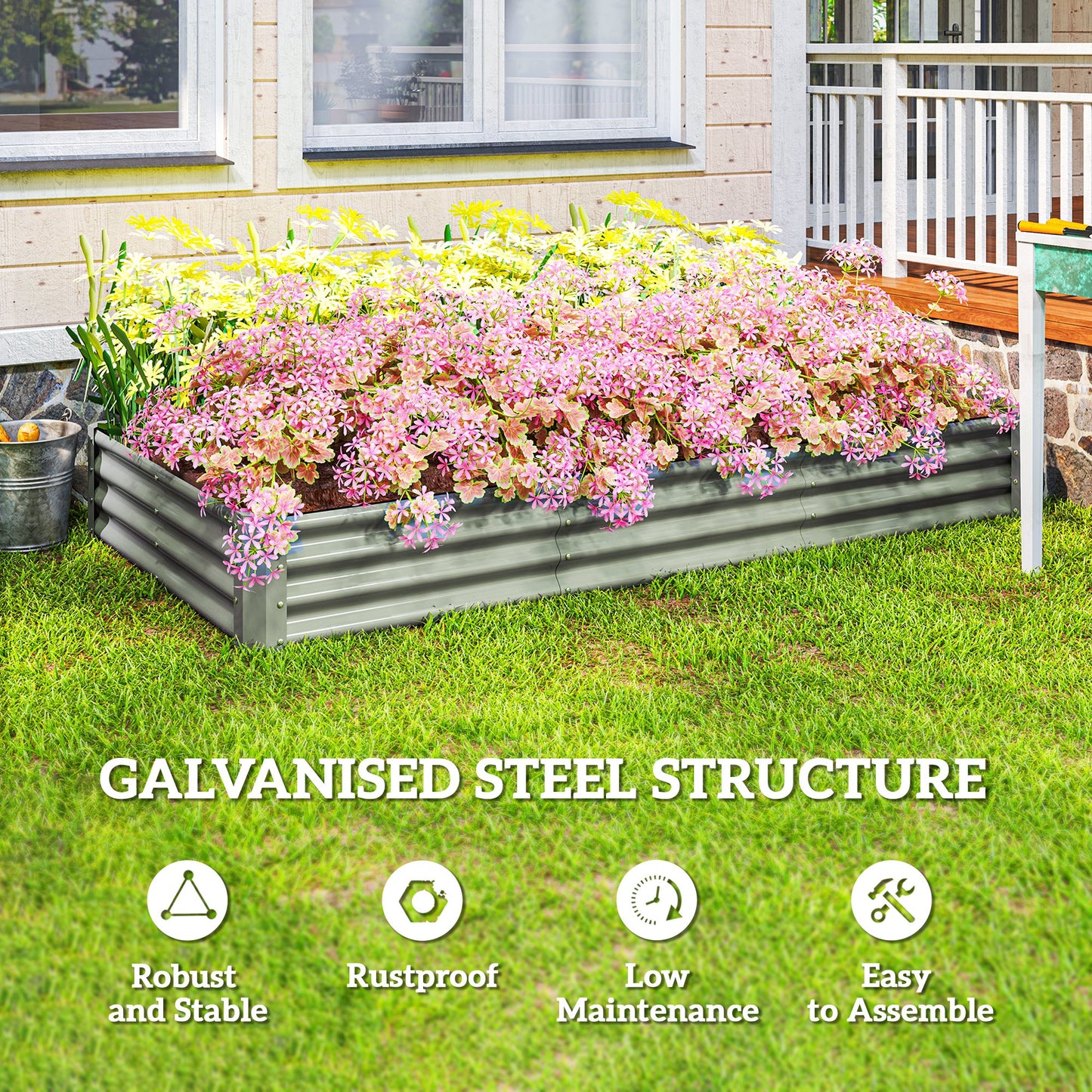 Outsunny 240 x 120 cm Galvanised Steel Open Planter Silver Outdoor Garden Bed Weather Resistant