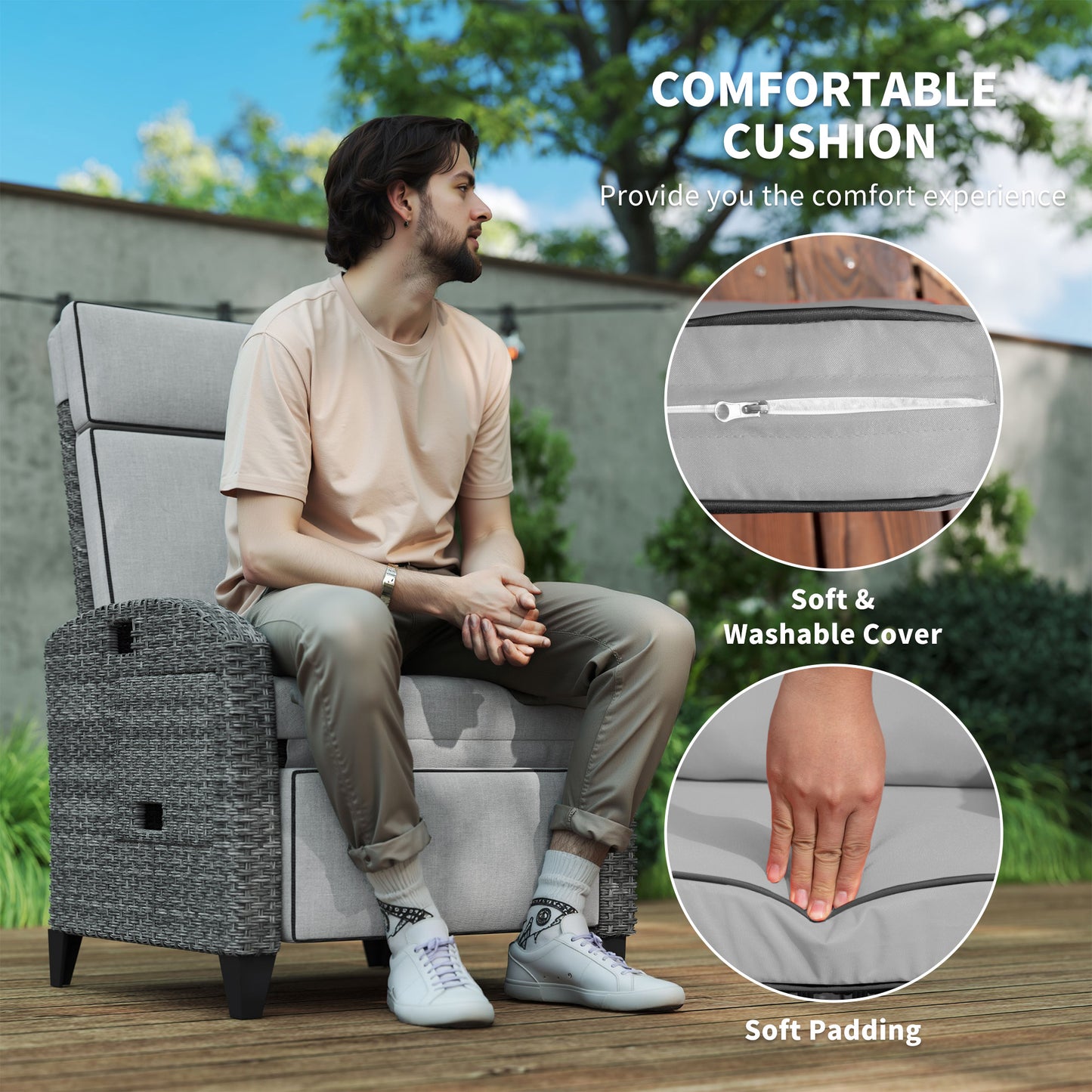 Outsunny Outdoor Recliner Chair With Adjustable Backrest And Footrest Cushion And Side Tray Light Grey