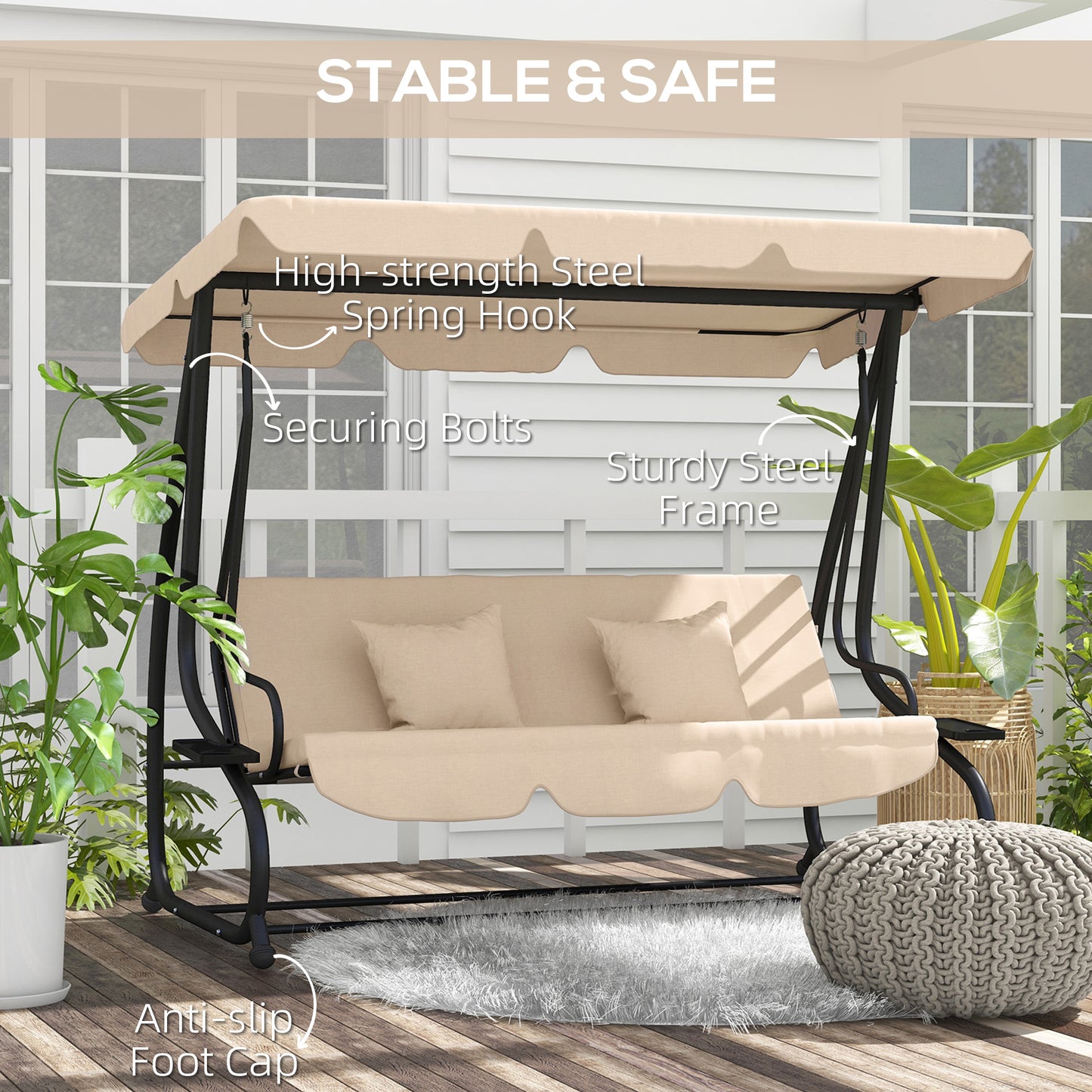Outsunny Three Person Garden Swing Chair With Adjustable Canopy Light Brown Cushioned Seat For Relaxation