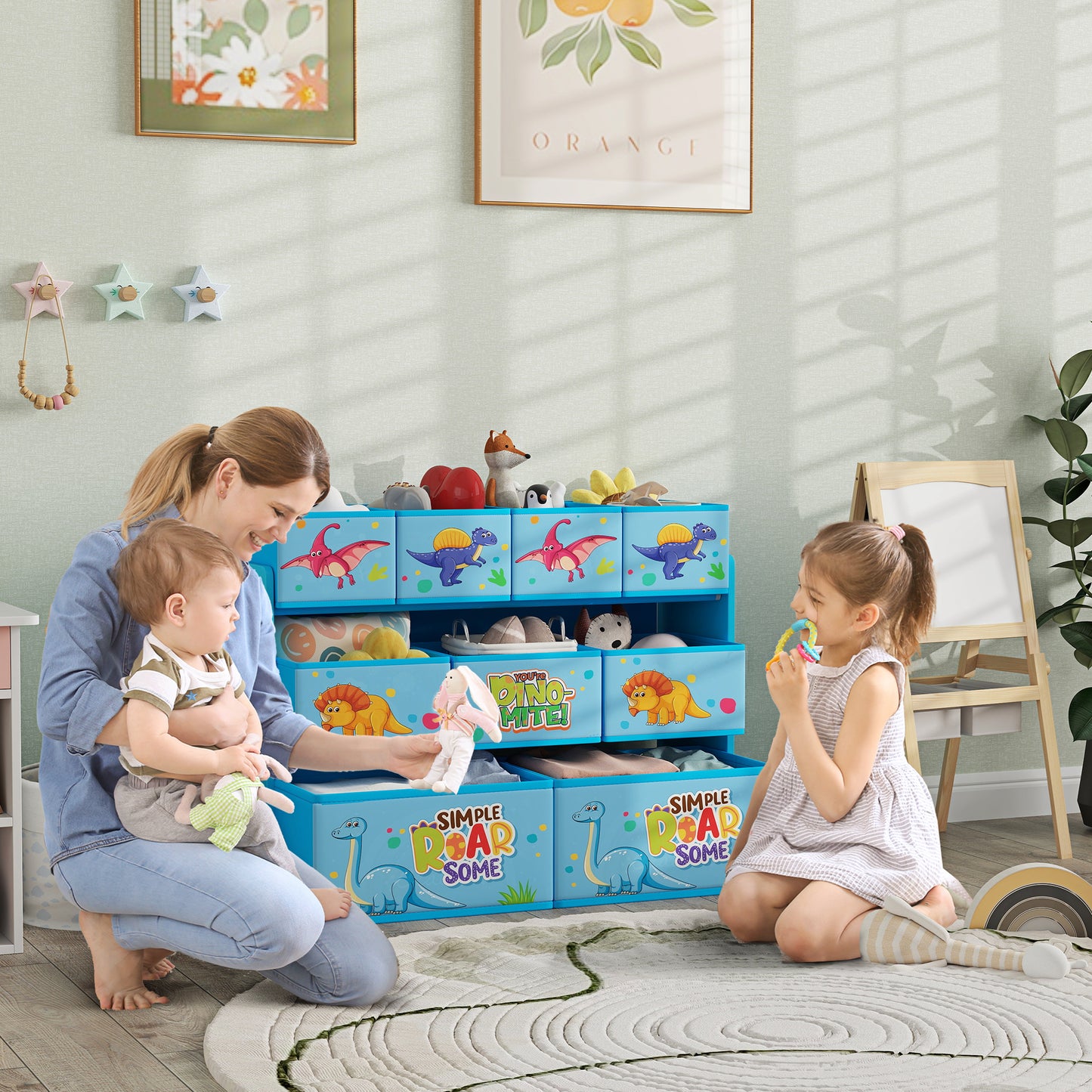 AIYAPLAY 3 Tier Kids Storage Unit With 9 Non Woven Fabric Boxes For Toys And Books In Blue
