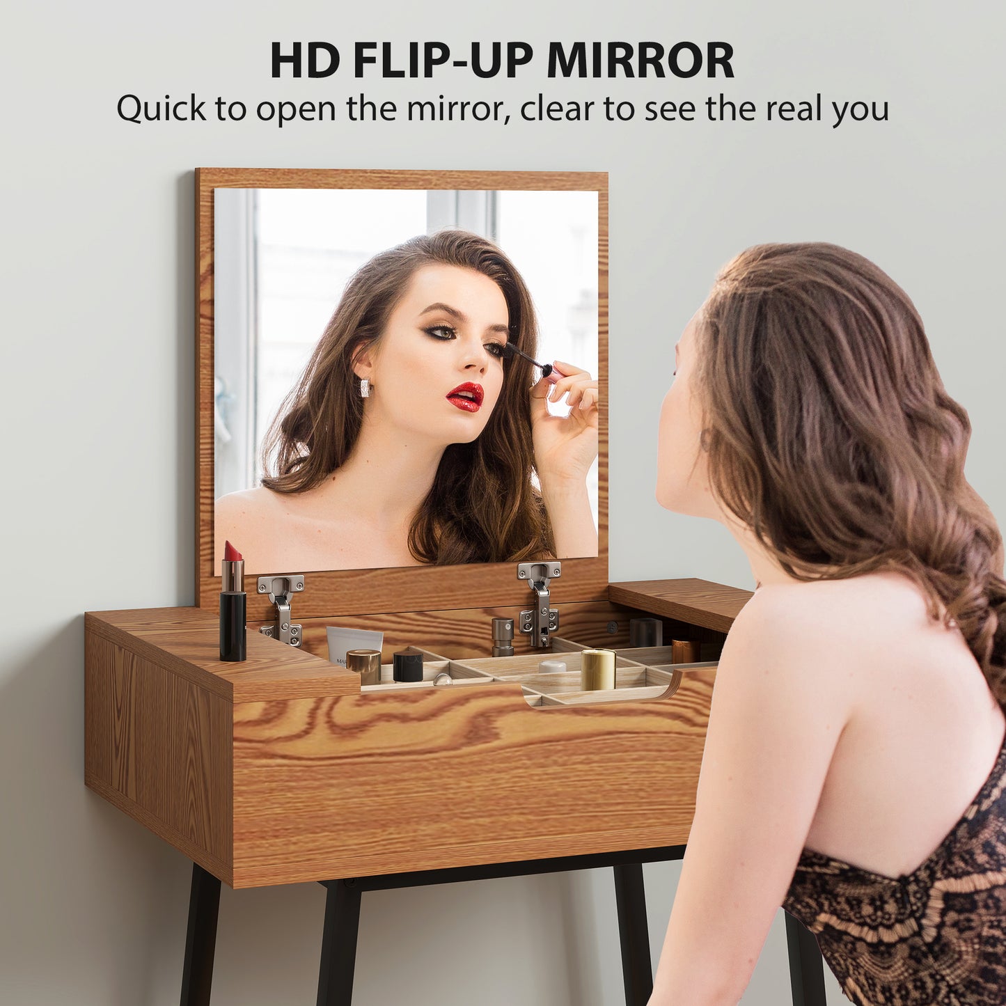 HOMCOM Vanity Desk With Flip Up Mirror And 16 Small Compartments Natural Wood Effect Dressing Table For Bedroom