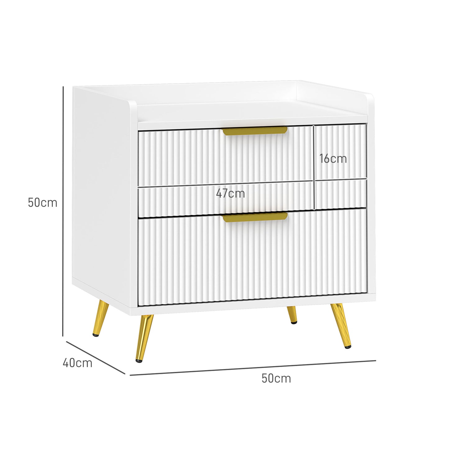 HOMCOM Elegant Two Drawer Bedside Tables Set Of 2 White With Ridged Fronts And Gold Tone Handles