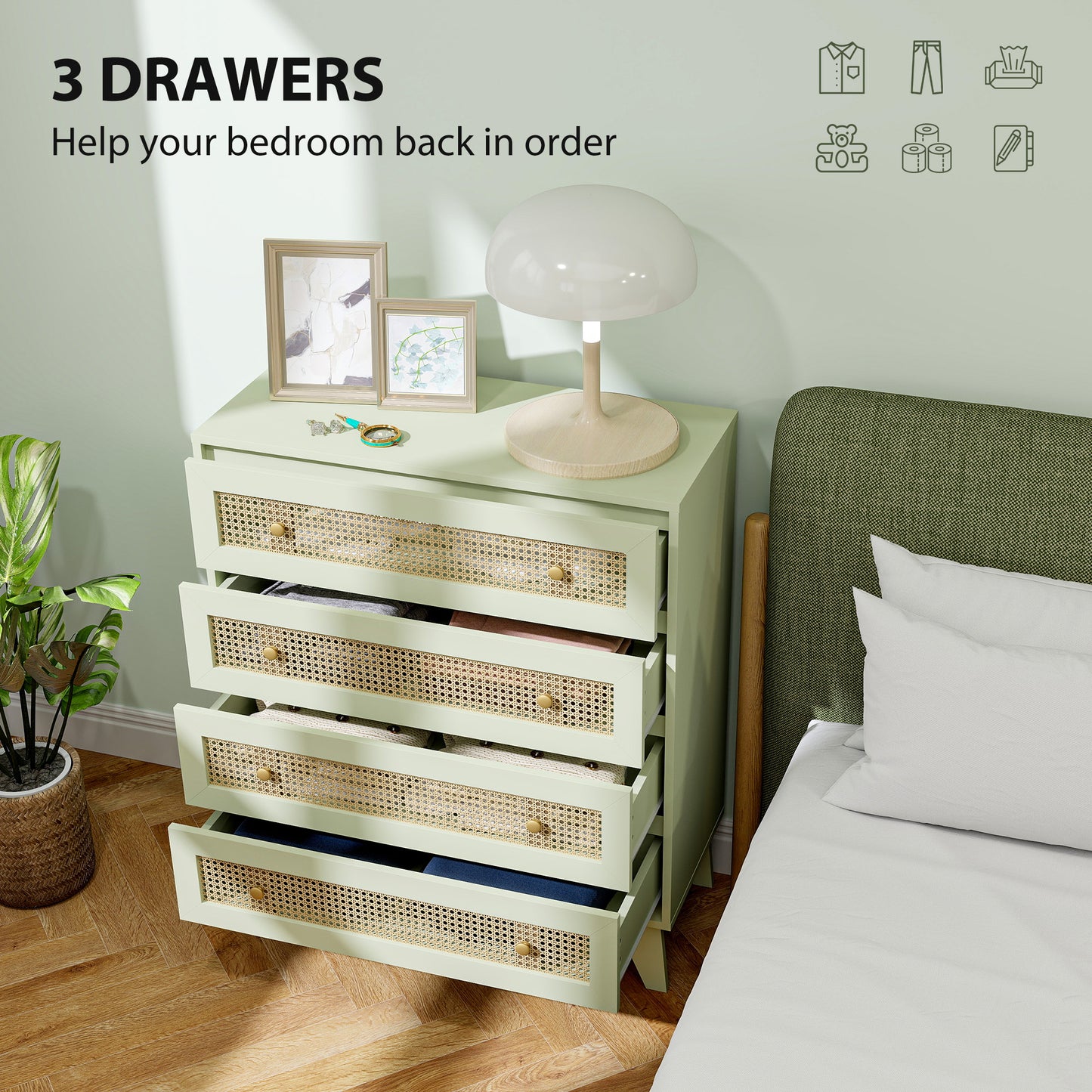 HOMCOM Chest Of Drawers 4 Drawer Storage Organiser With Rattan Weave Panel For Bedroom And Living Room In Light Green