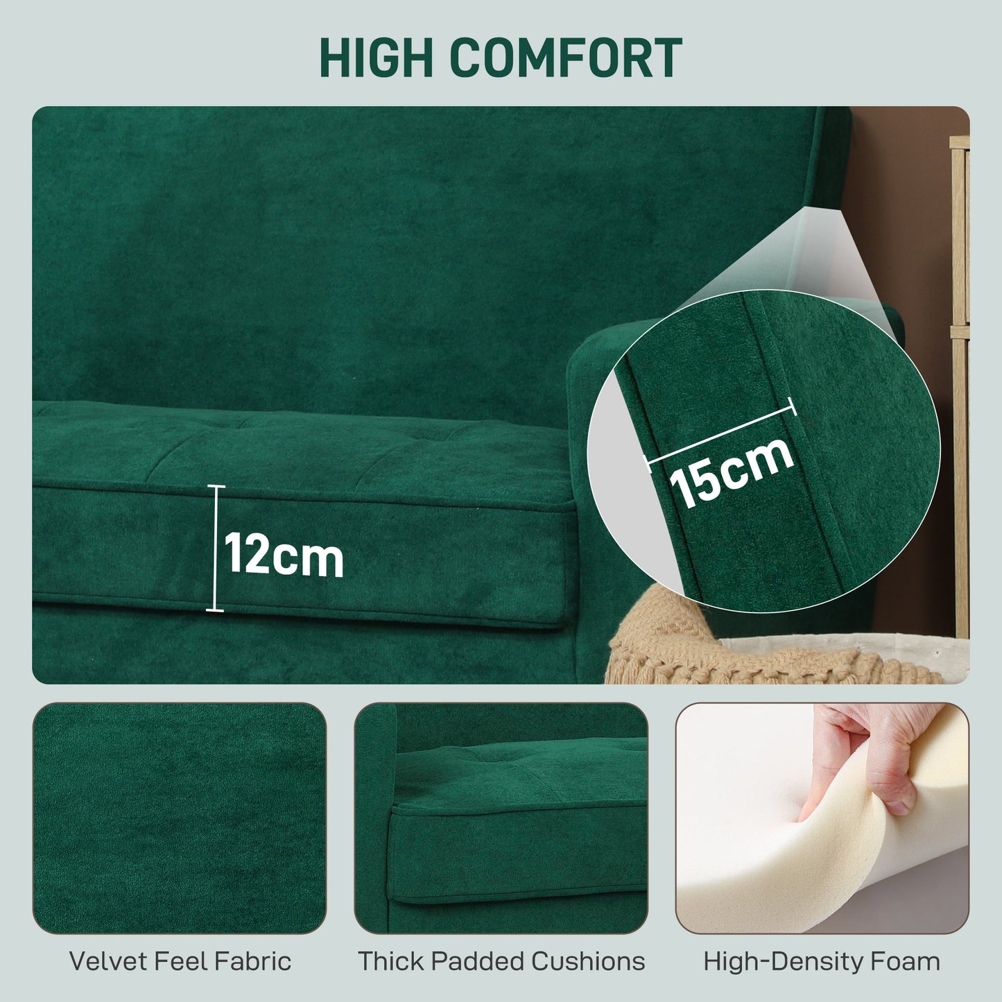 Homcom Velvet Feel Two Seater Sofa Green With S Springs And Wooden Legs Anti Slip Pads