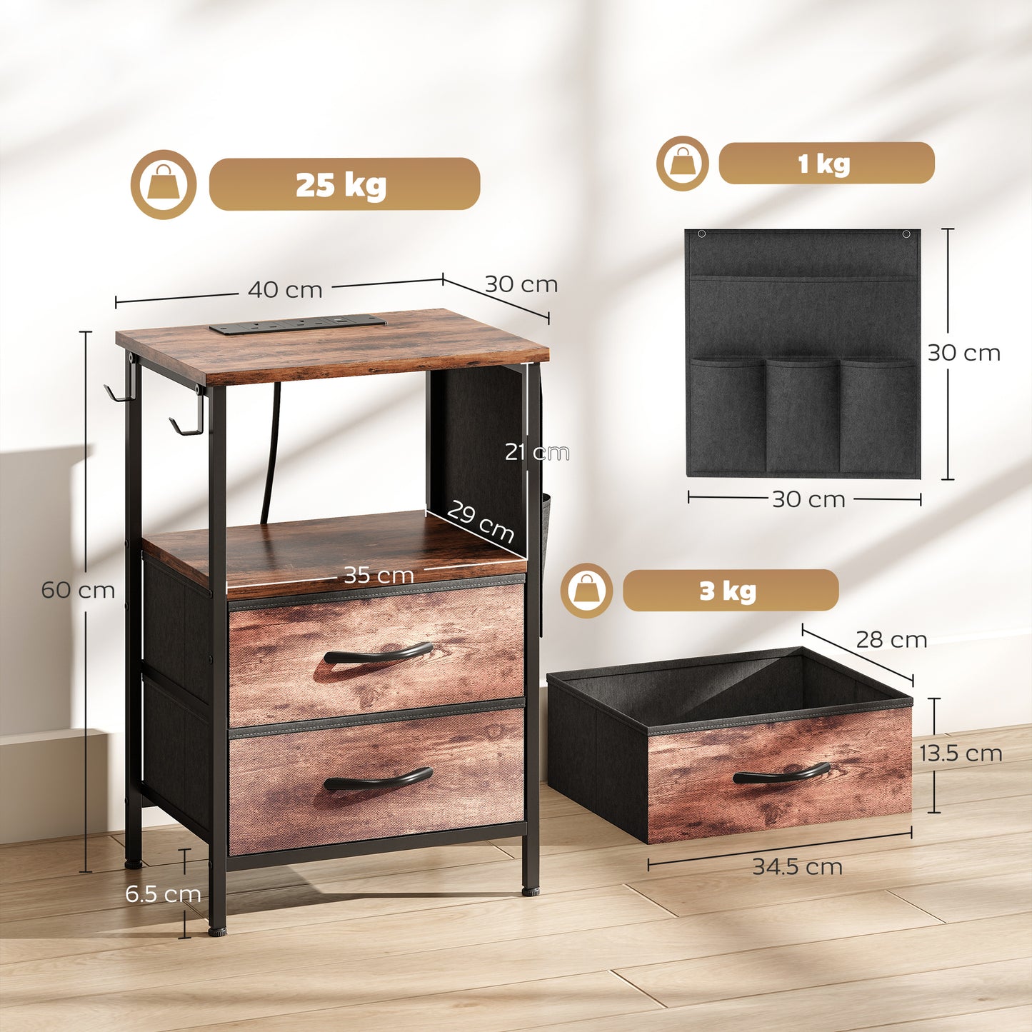 HOMCOM Bedside Table With Charging Station USB Ports Power Sockets Rustic Brown Nightstand With Storage