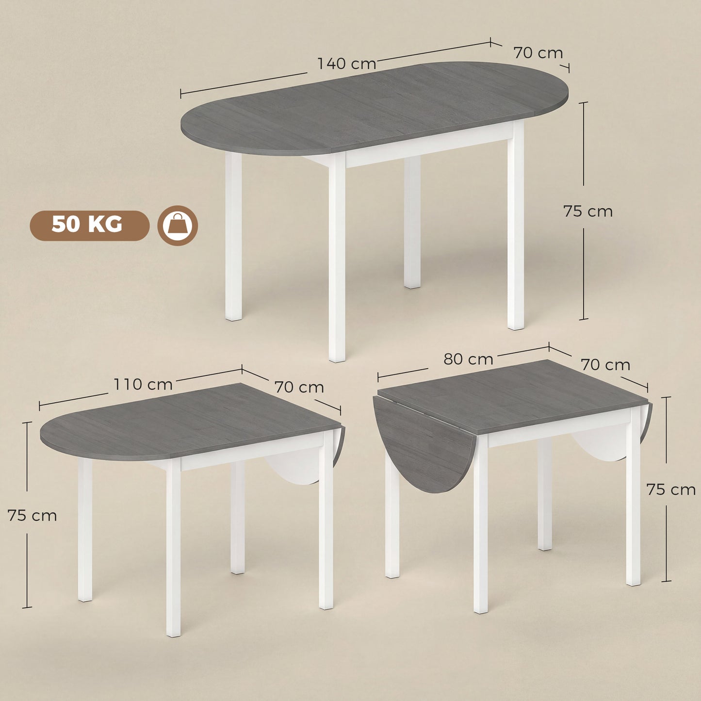 HOMCOM 4 To 6 Person Wooden Drop Leaf Dining Table Grey Finish Extendable Space Saving