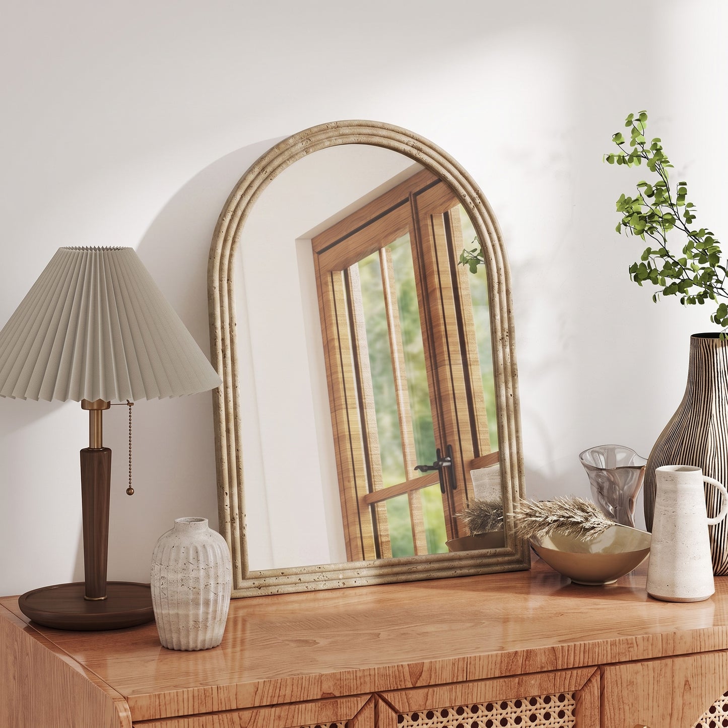 HOMCOM Modern Arched Wall Mirror With Brown Finish For Living Room