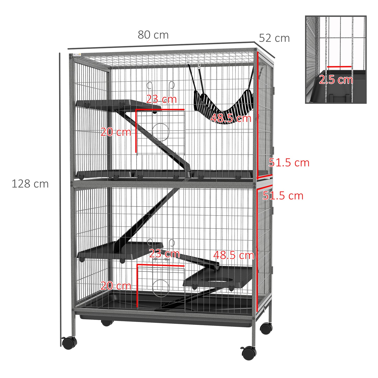 PawHut Mobile Small Animal Habitat with Hammock and Removable Tray for Chinchillas, Ferrets, and Kittens - Silver Grey - ALL4U RETAILER LTD