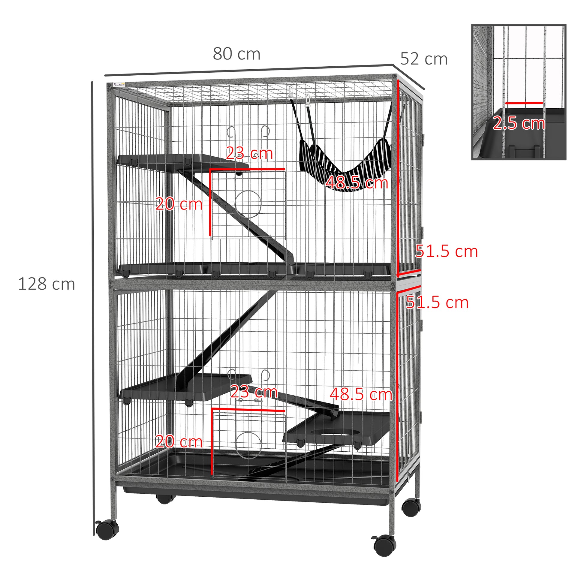 PawHut Mobile Small Animal Habitat with Hammock and Removable Tray for Chinchillas, Ferrets, and Kittens - Silver Grey - ALL4U RETAILER LTD