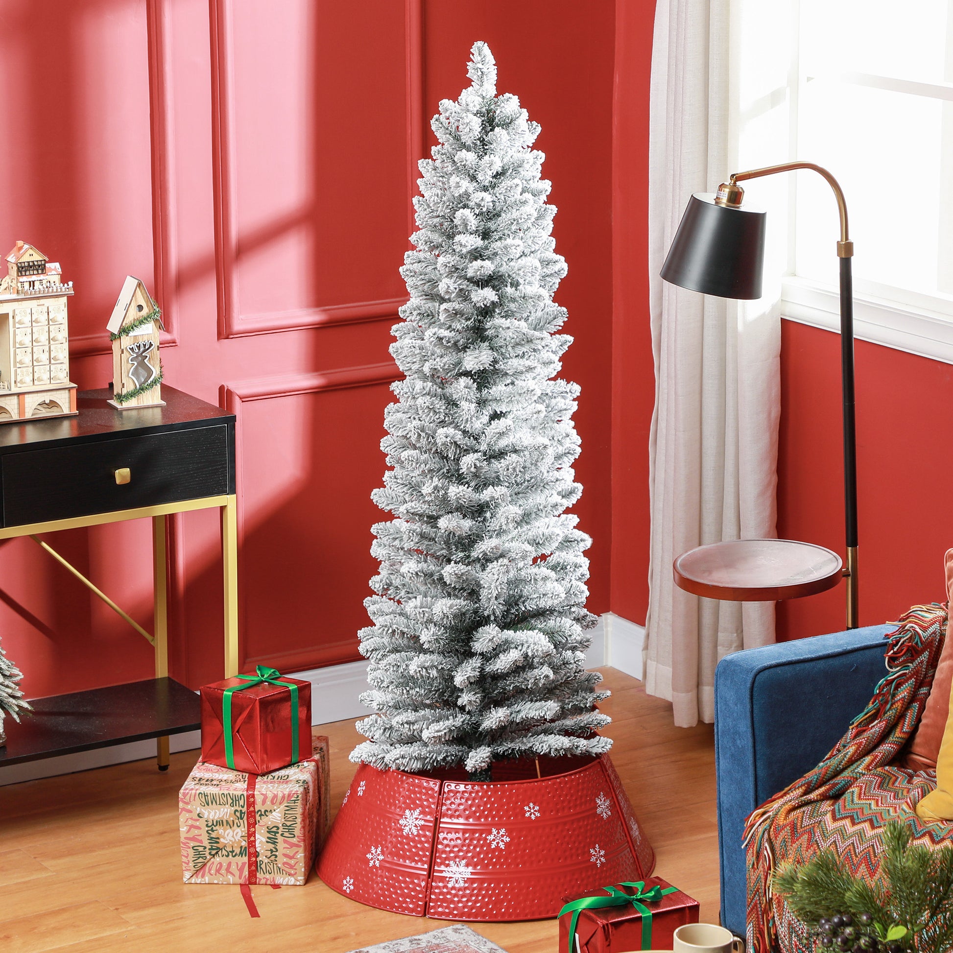 HOMCOM Slim 6ft Snow-Flocked Pencil Christmas Tree with 329 Tips and Metal Base - ALL4U RETAILER LTD