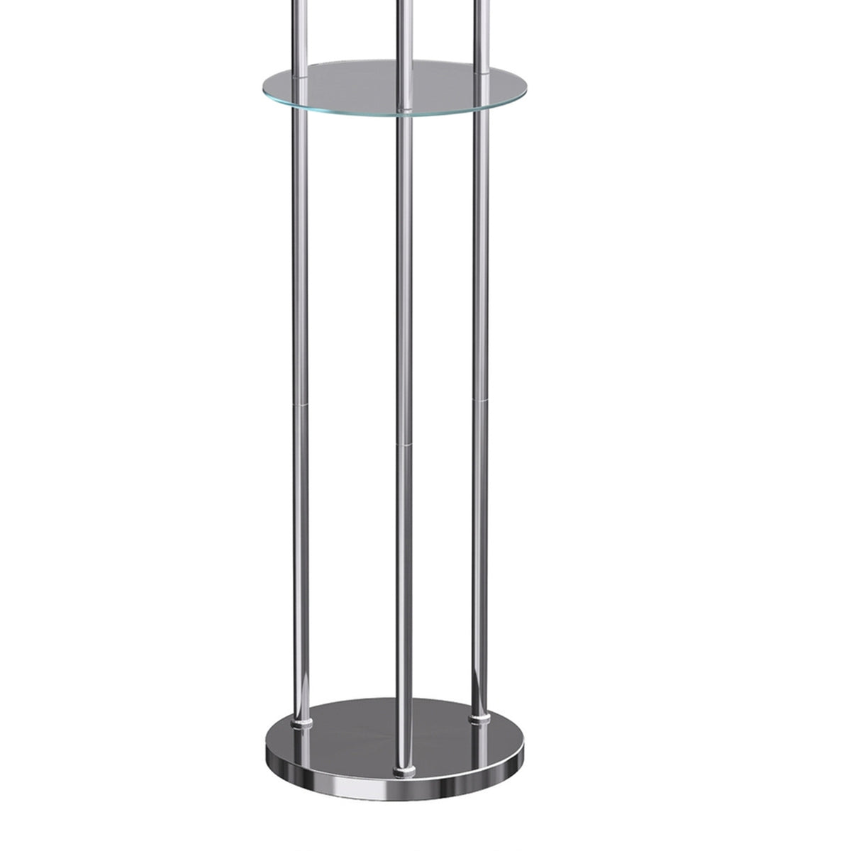Chrome base and vertical frame of a crystal floor lamp with round glass shelves