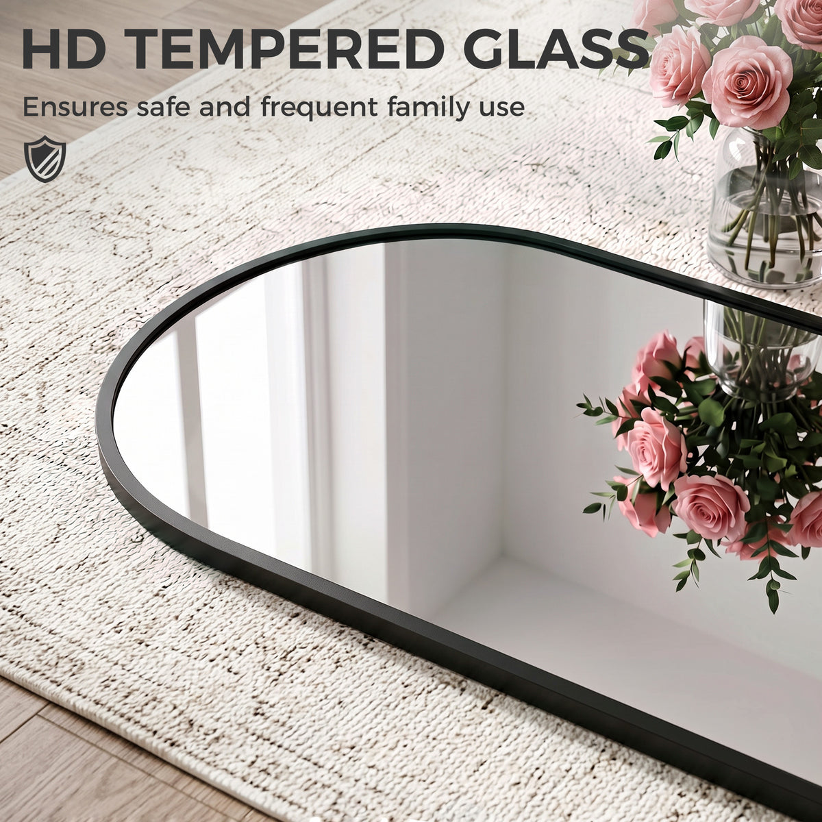 Arched mirror with black frame and curved HD tempered glass edge