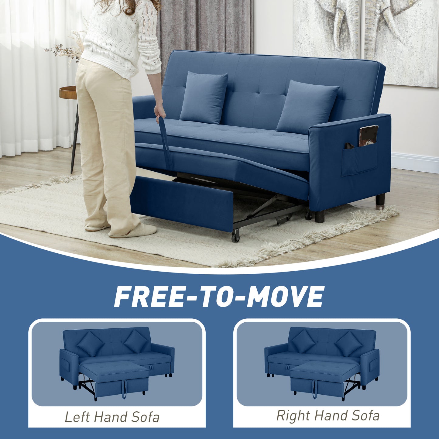 HOMCOM Velvet Feel Three Seater Sofa Bed With Click Clack Mechanism On Wheels In Blue