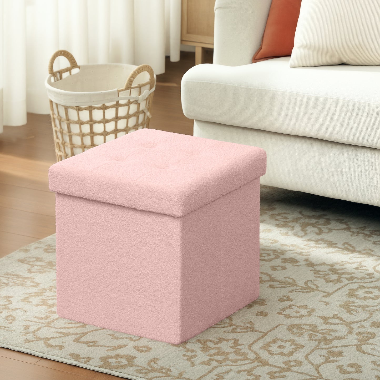 HOMCOM Foldable Sherpa Fleece Storage Ottoman Pink with High Density Foam Soft Touch Upholstery for Small Spaces