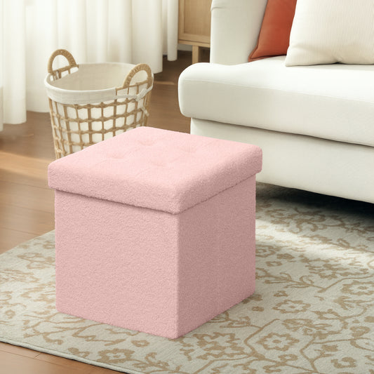 HOMCOM Foldable Sherpa Fleece Storage Ottoman Pink with High Density Foam Soft Touch Upholstery for Small Spaces