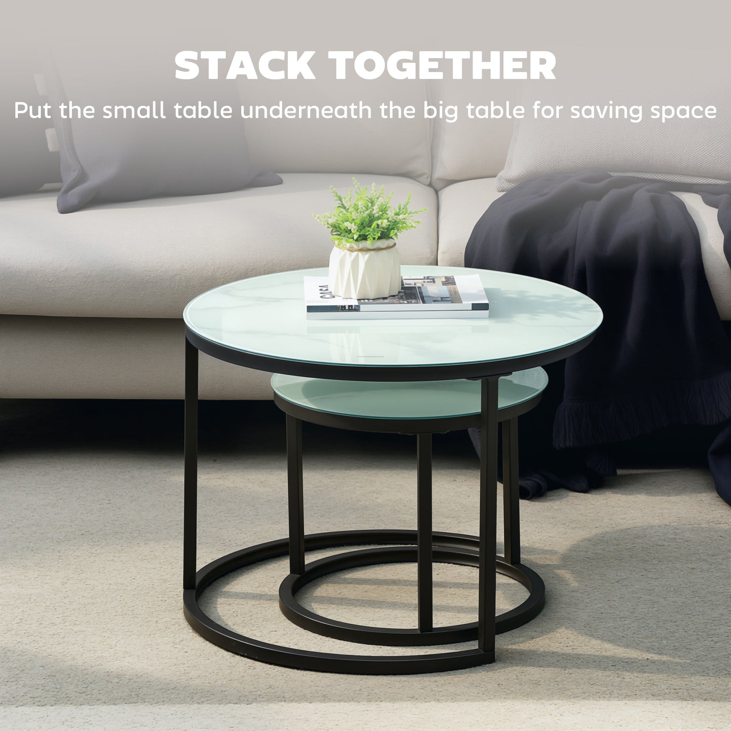 HOMCOM Glass Coffee Table Set Of 2 Nesting Tables With Marble Effect Tempered Glass Tabletops And White Steel Frame