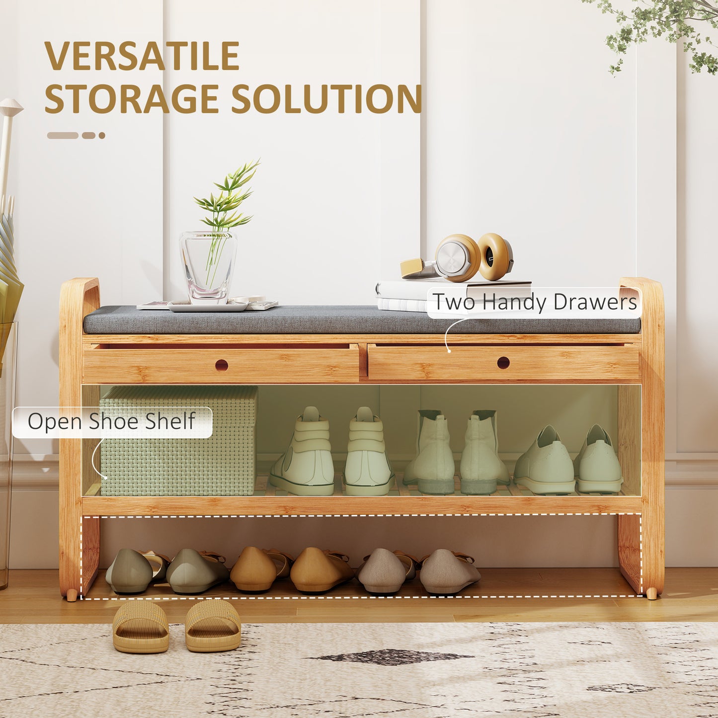 HOMCOM Shoe Bench With Cushioned Seat And Two Drawers 105 Cm Natural And Grey Hallway Storage