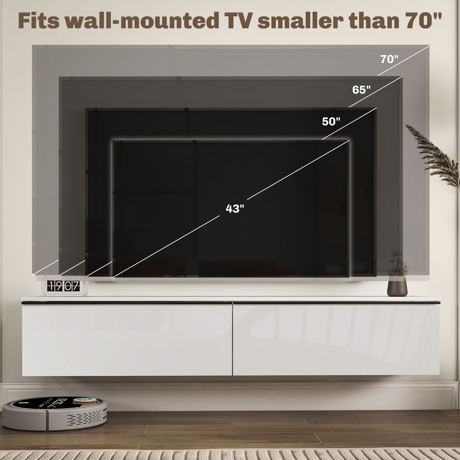 HOMCOM Sleek White Wall-Mounted Floating TV Stand for 70" TVs with Storage Cabinets, 160cm High Gloss Design - ALL4U RETAILER LTD