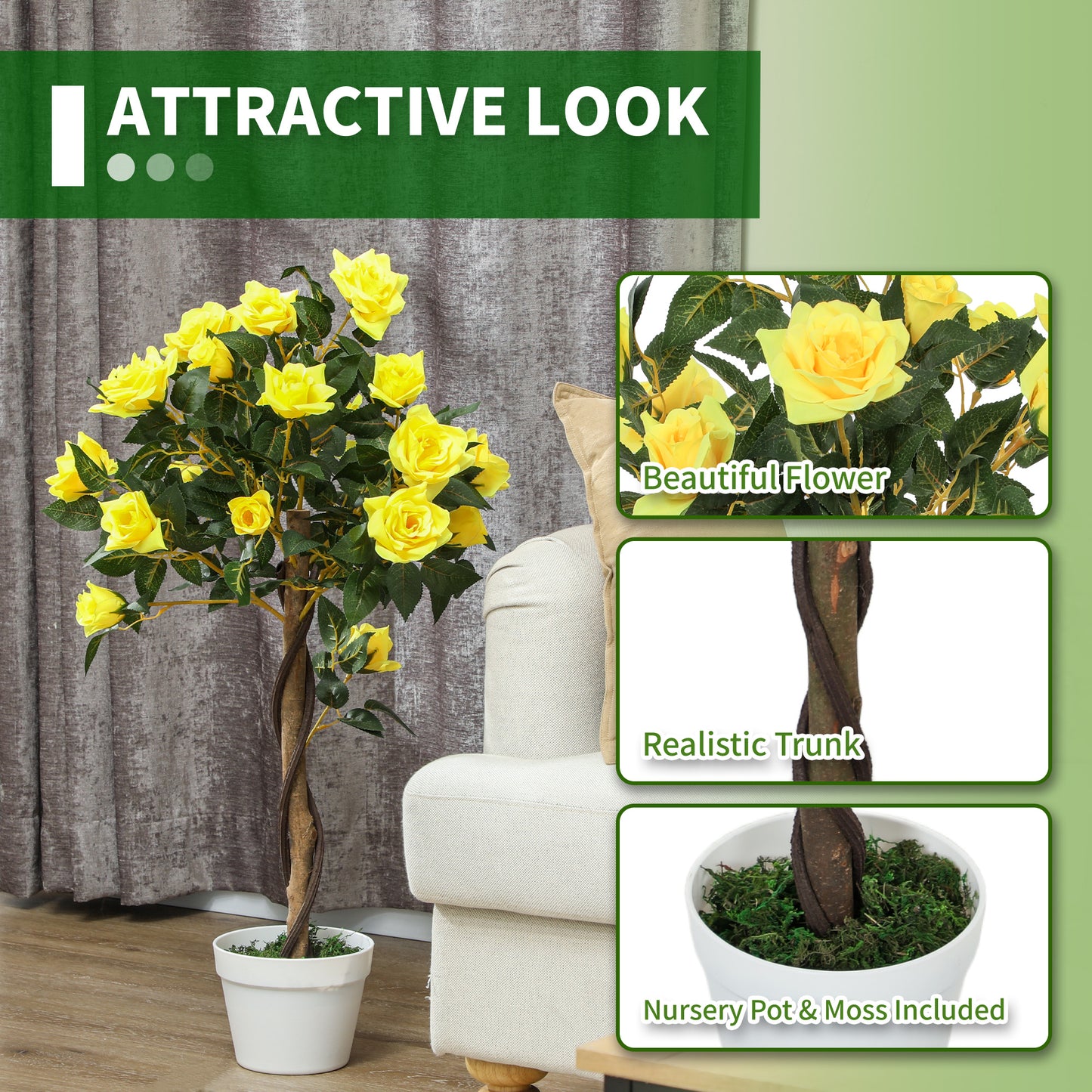 Outsunny Set of 2 Artificial White Rose in Pot Realistic Fake Plants for Home Indoor Decor 90cm Yellow