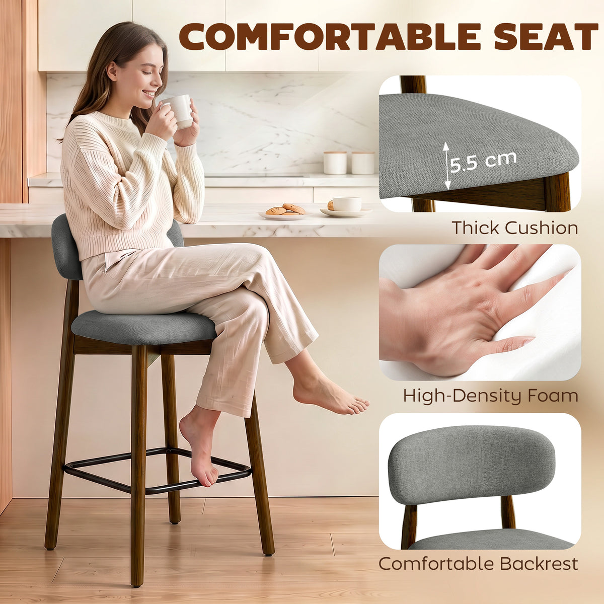 Grey bar stool with thick chenille-style cushion, curved back, and high-density foam
