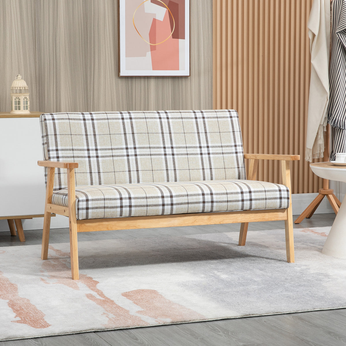 Plaid loveseat sofa with wooden arms, low profile, and cushioned back and seat