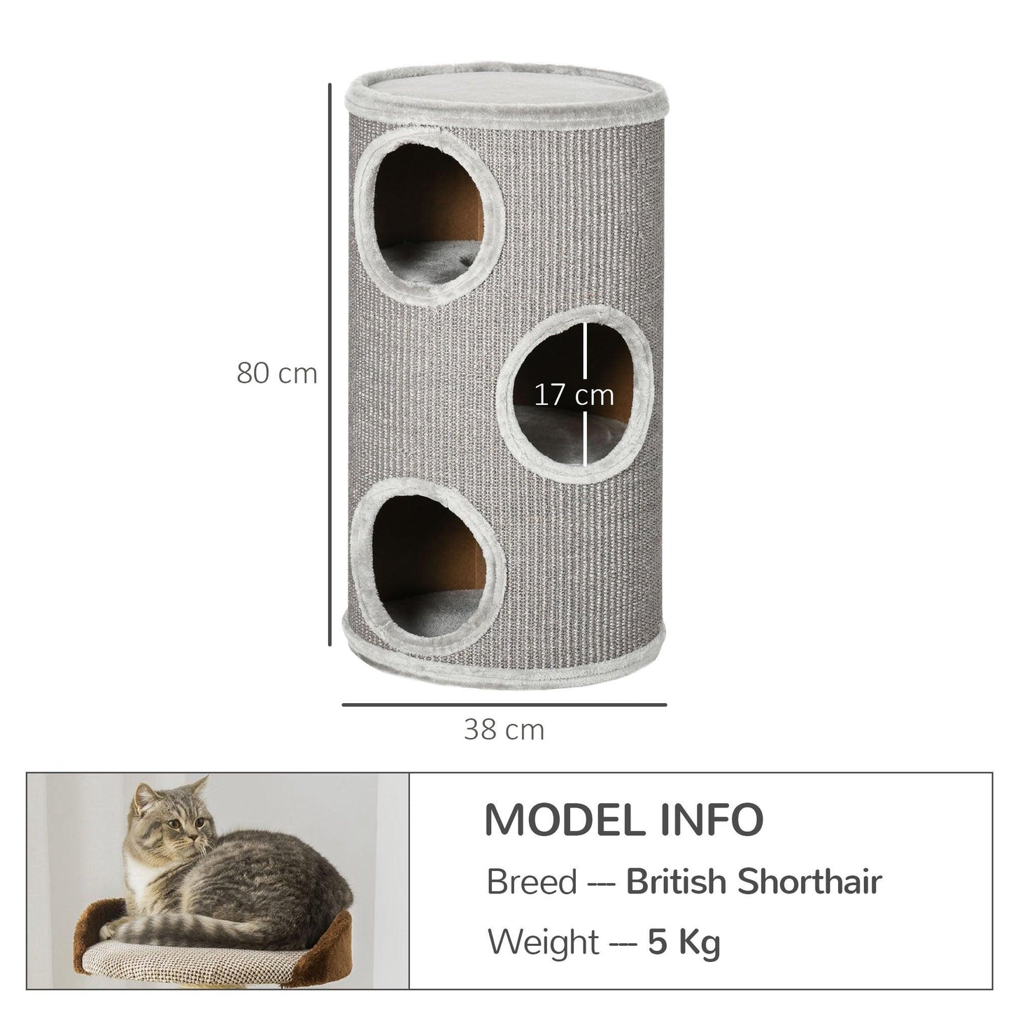 PawHut Cat Climbing Frame, Covered with Sisal, Cosy Platform - Light Grey - ALL4U RETAILER LTD