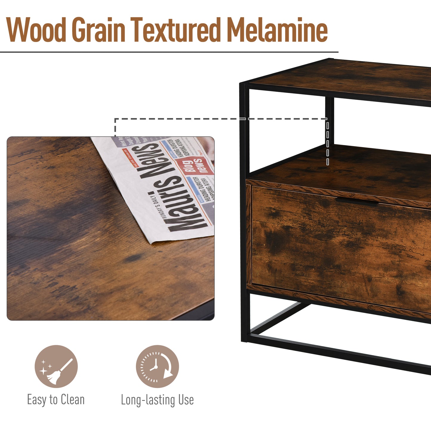 HOMCOM Industrial Style Side Table With Drawer Open Shelf Steel Frame Large Base Two Tone Chestnut Brown And Black