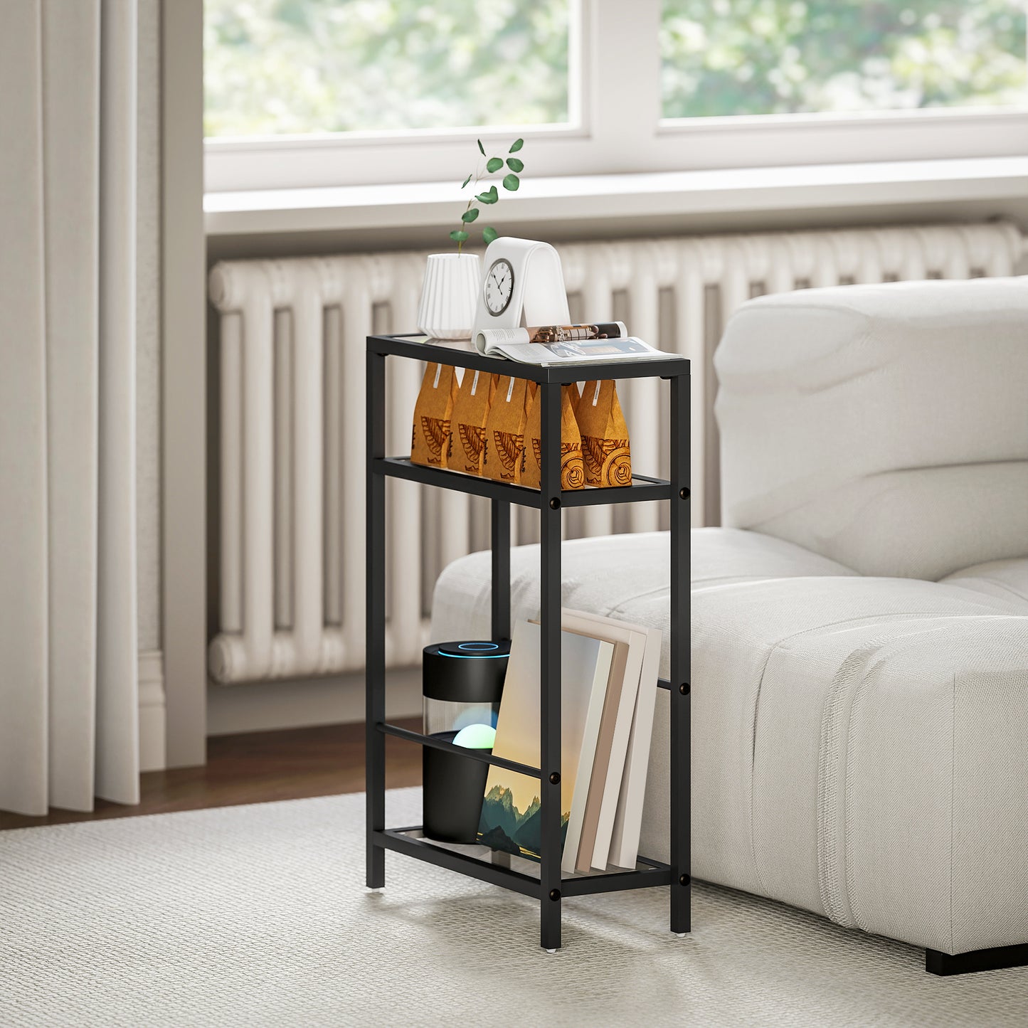 HOMCOM Three Tier Side Table With Tempered Glass Top And Storage Shelf For Small Spaces Black