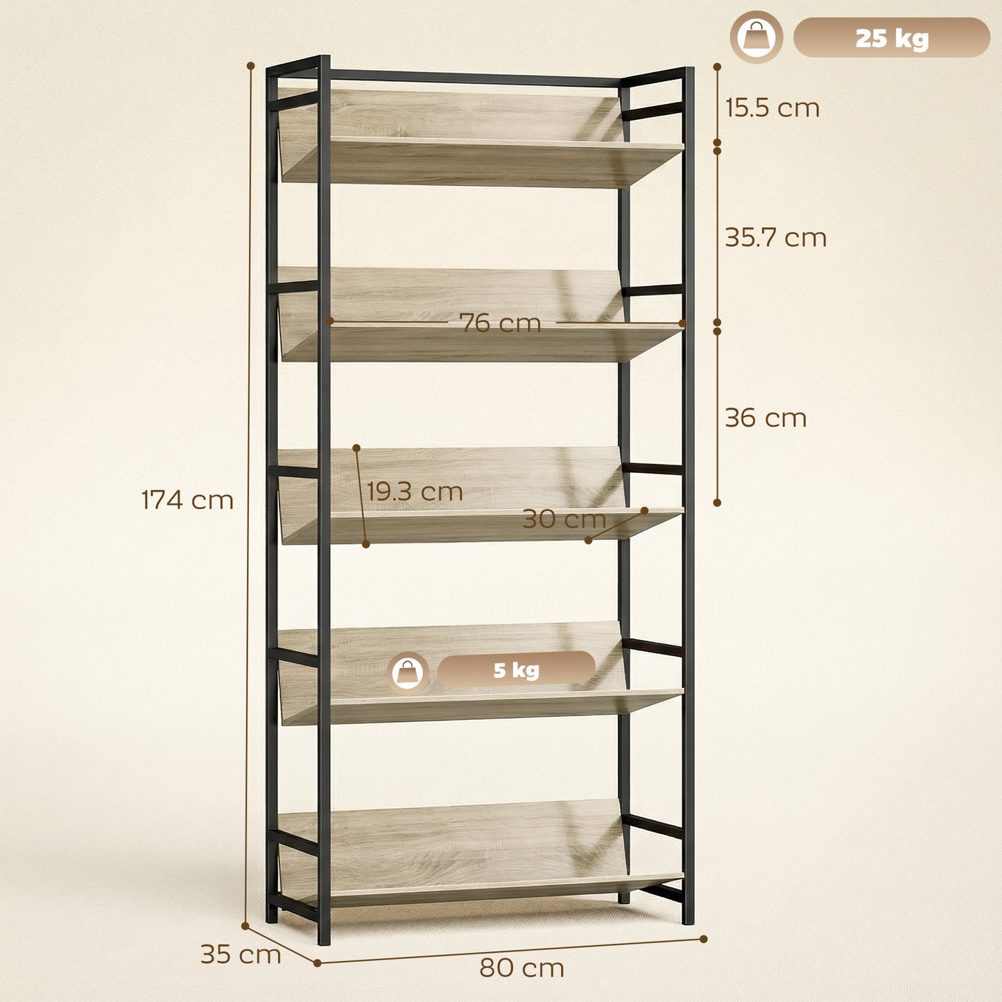 HOMCOM 5 Tier Metal Frame Bookcase Oak Finish For Living Room Storage Shelves With Anti Fall Design