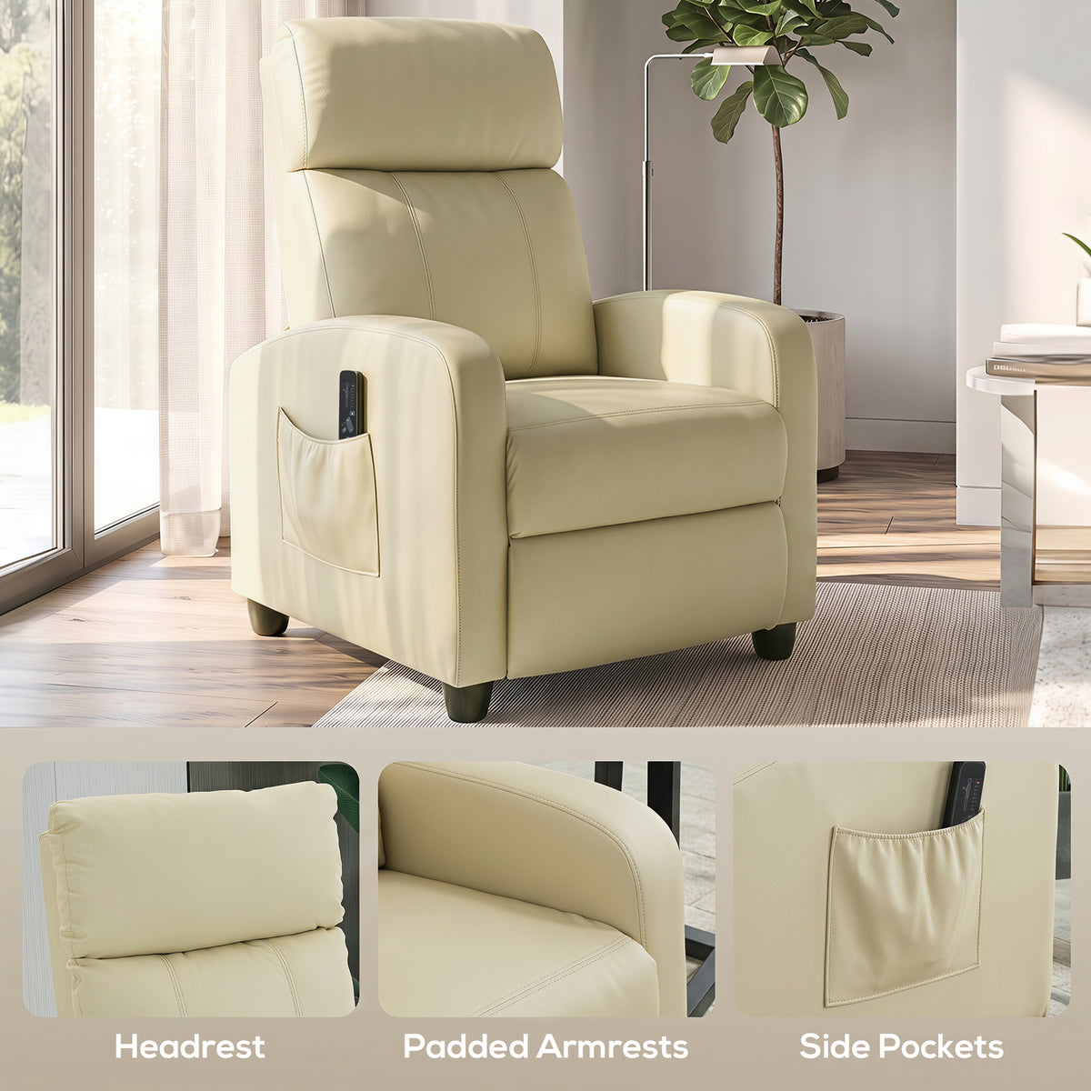 HOMCOM Massage Recliner Chair Faux Leather Remote Side Pocket Cream White
