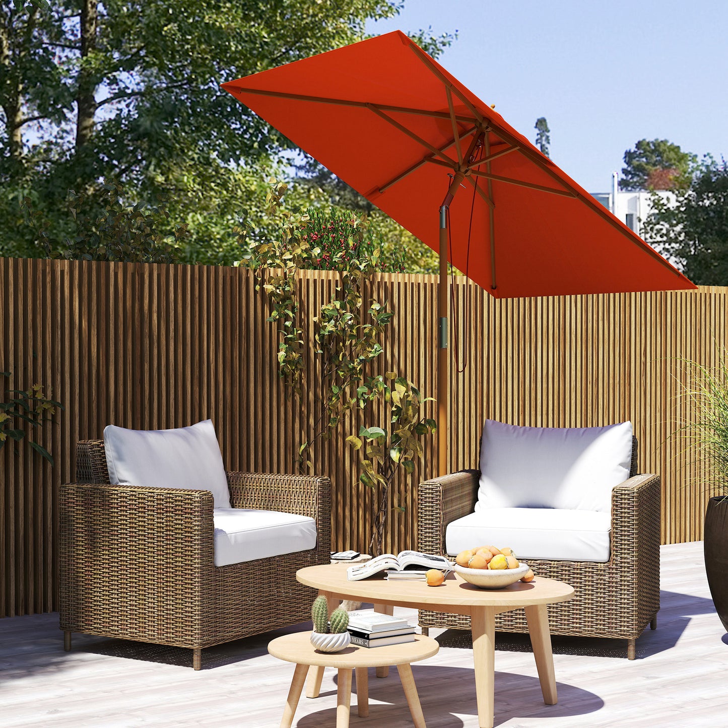 Outsunny 2m Tilting Wooden Pole Parasol Orange Canopy 180G Polyester Outdoor Sunshade For Patio Garden