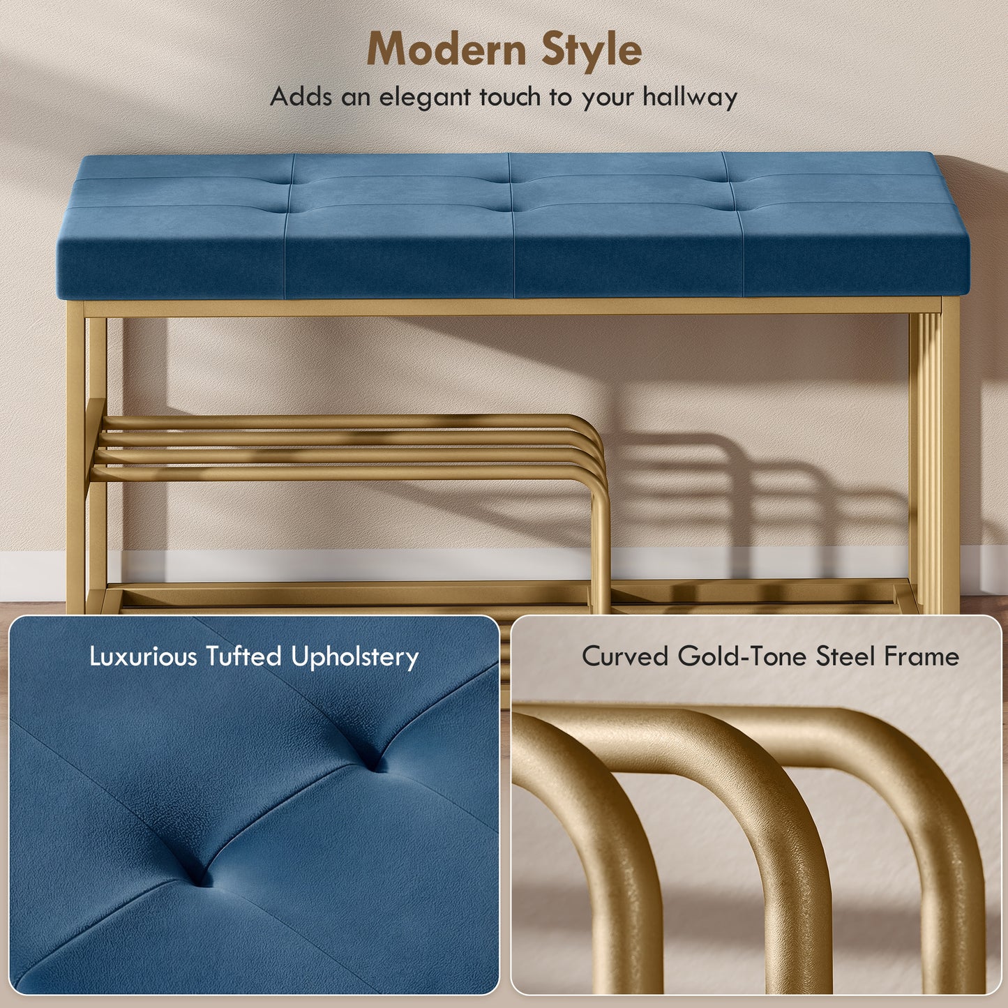 HOMCOM Tufted Velvet Shoe Storage Bench With Gold Steel Frame For Entryway Dark Blue Two Tier Storage