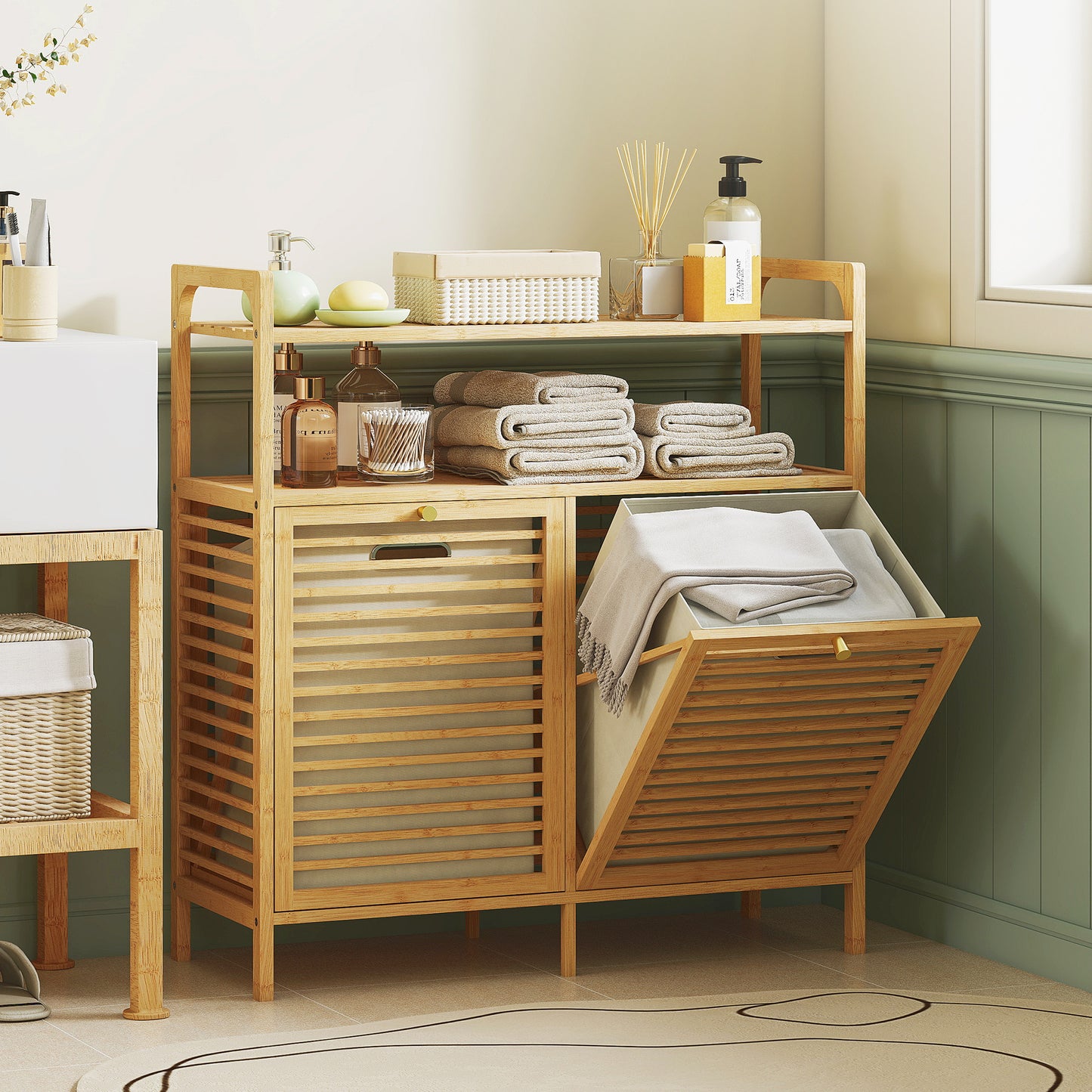 HOMCOM Double Tilt Out Bamboo Laundry Cabinet Freestanding Bathroom Storage With 2 Removable Baskets Natural Finish