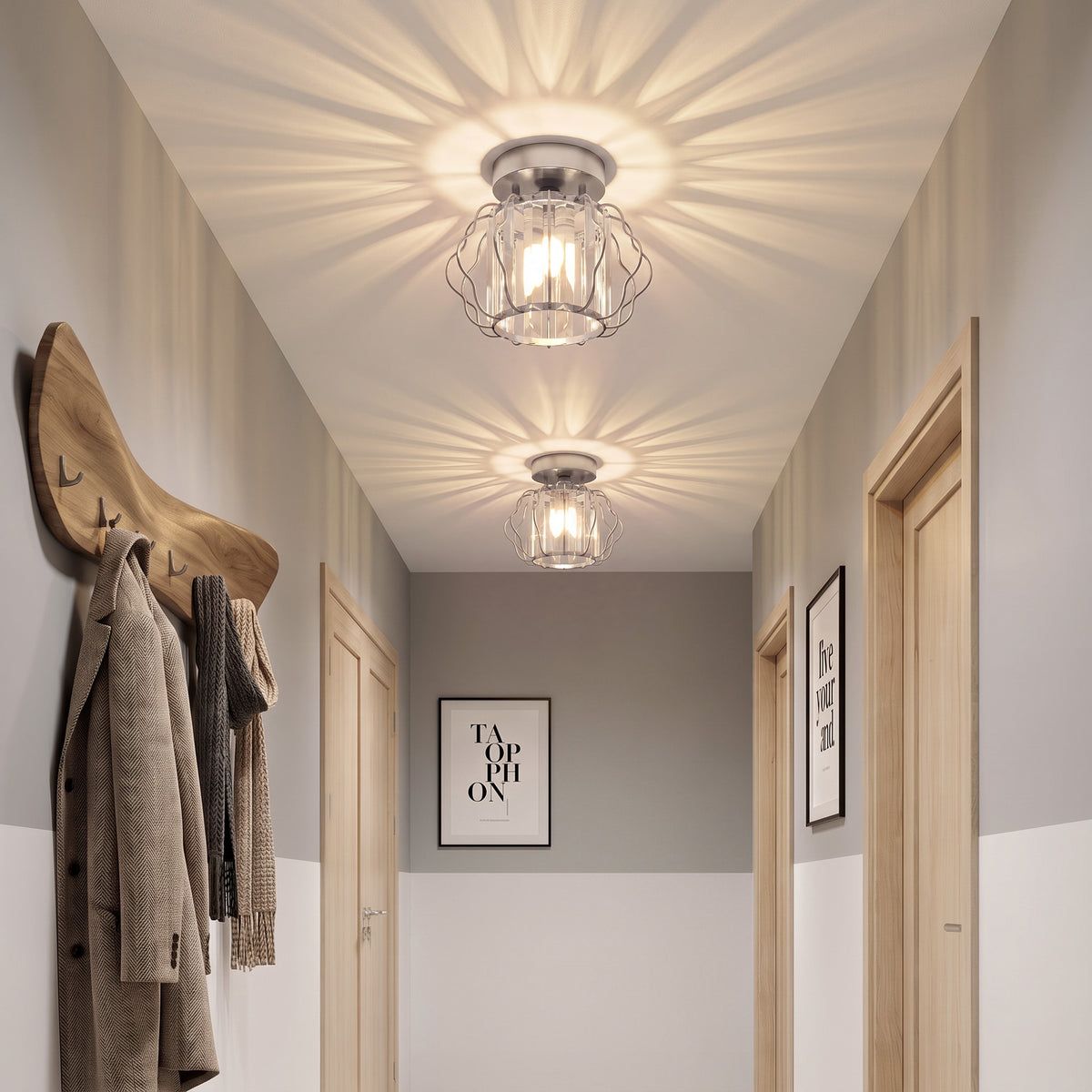 Silver semi-flush ceiling light with clear crystal bars and curled metal frame