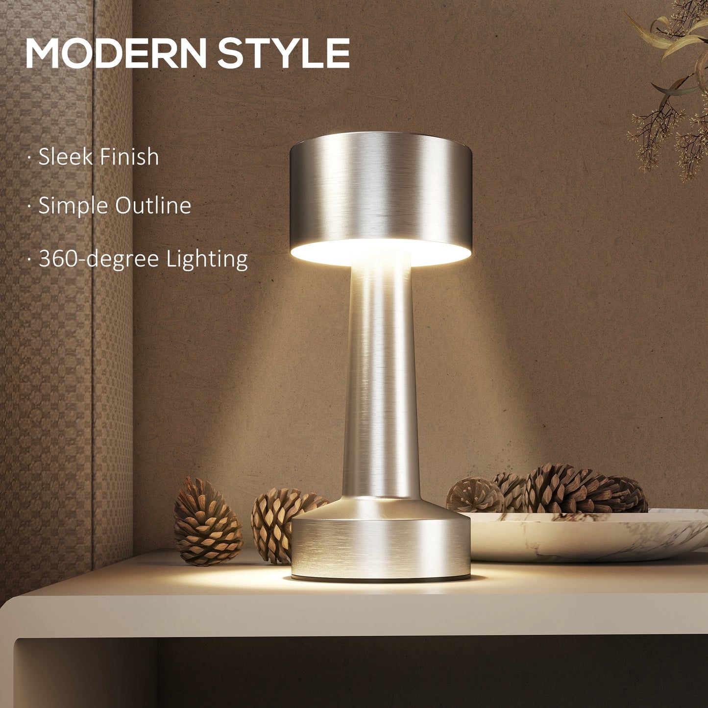 HOMCOM Cordless Table Lamp With Rechargeable Battery, Touch LED Desk Lamp 3 Colour Lighting, USB-C Port, Portable Silver